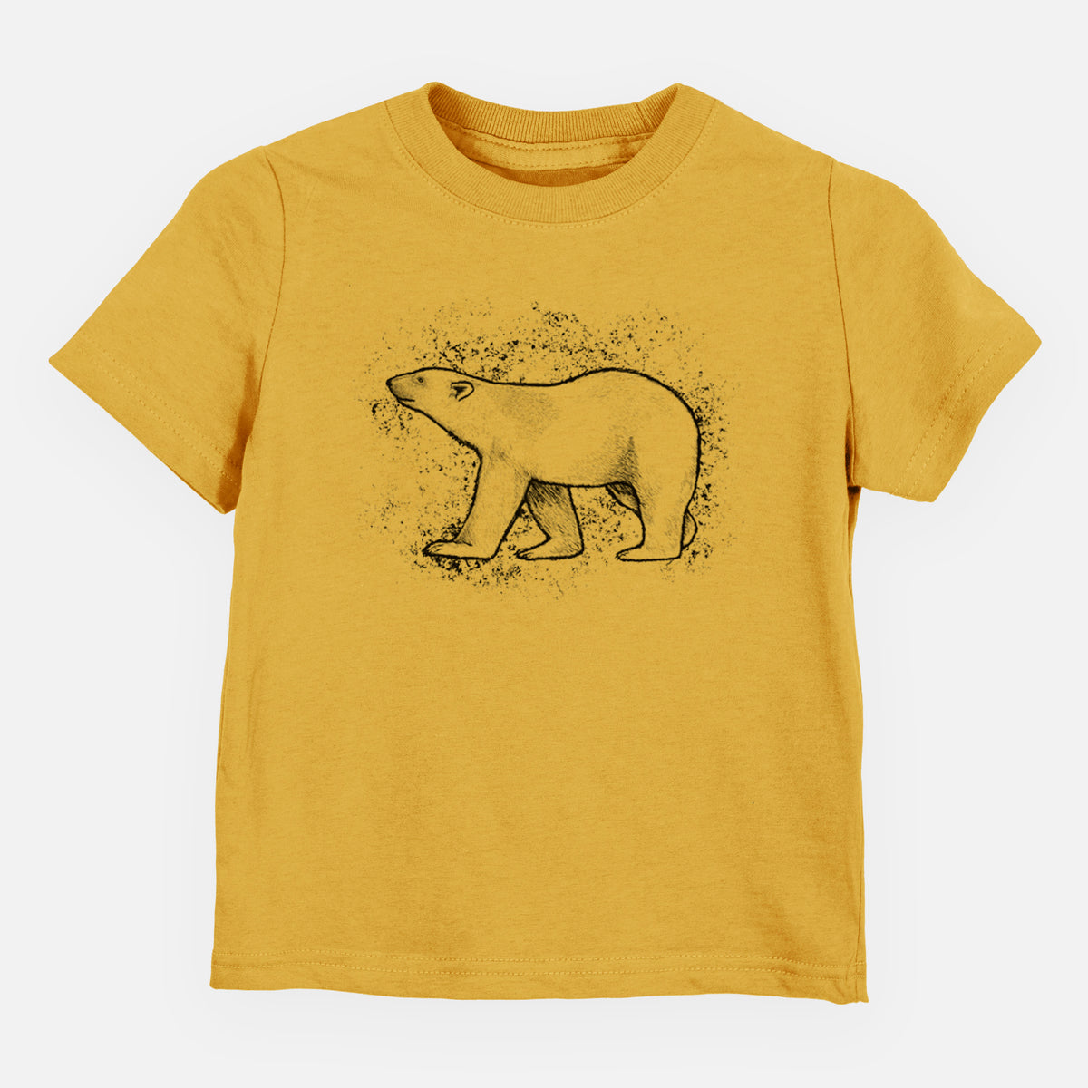 Honeycomb yellow toddler t-shirt laid flat, printed with a black ink illustration of a polar bear walking across snow.
