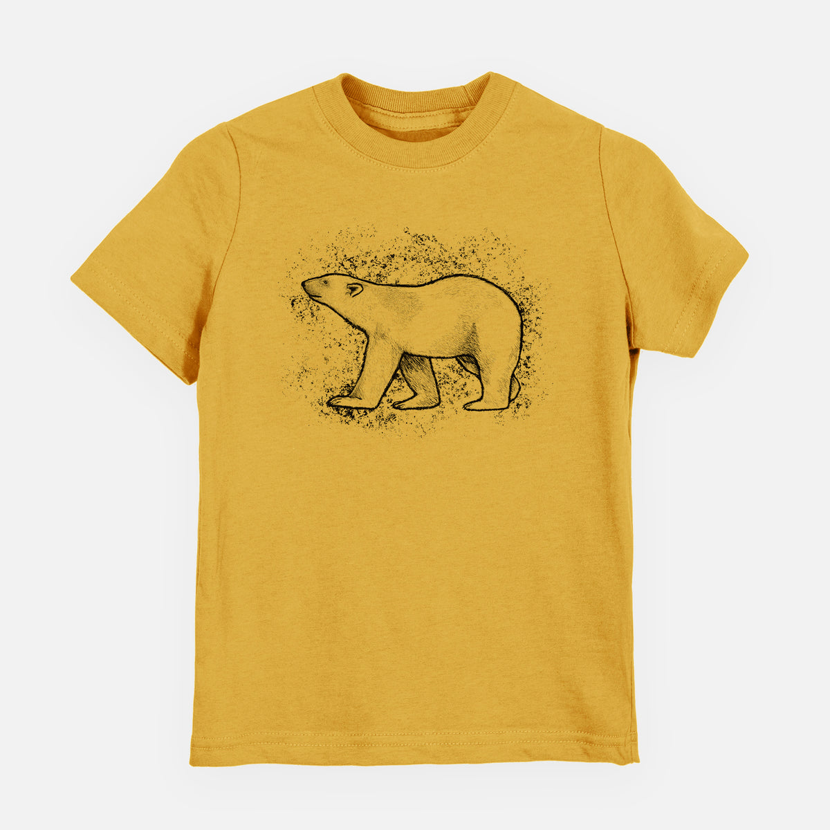 Honeycomb yellow youth t-shirt laid flat, printed with a black ink illustration of a polar bear walking across snow.