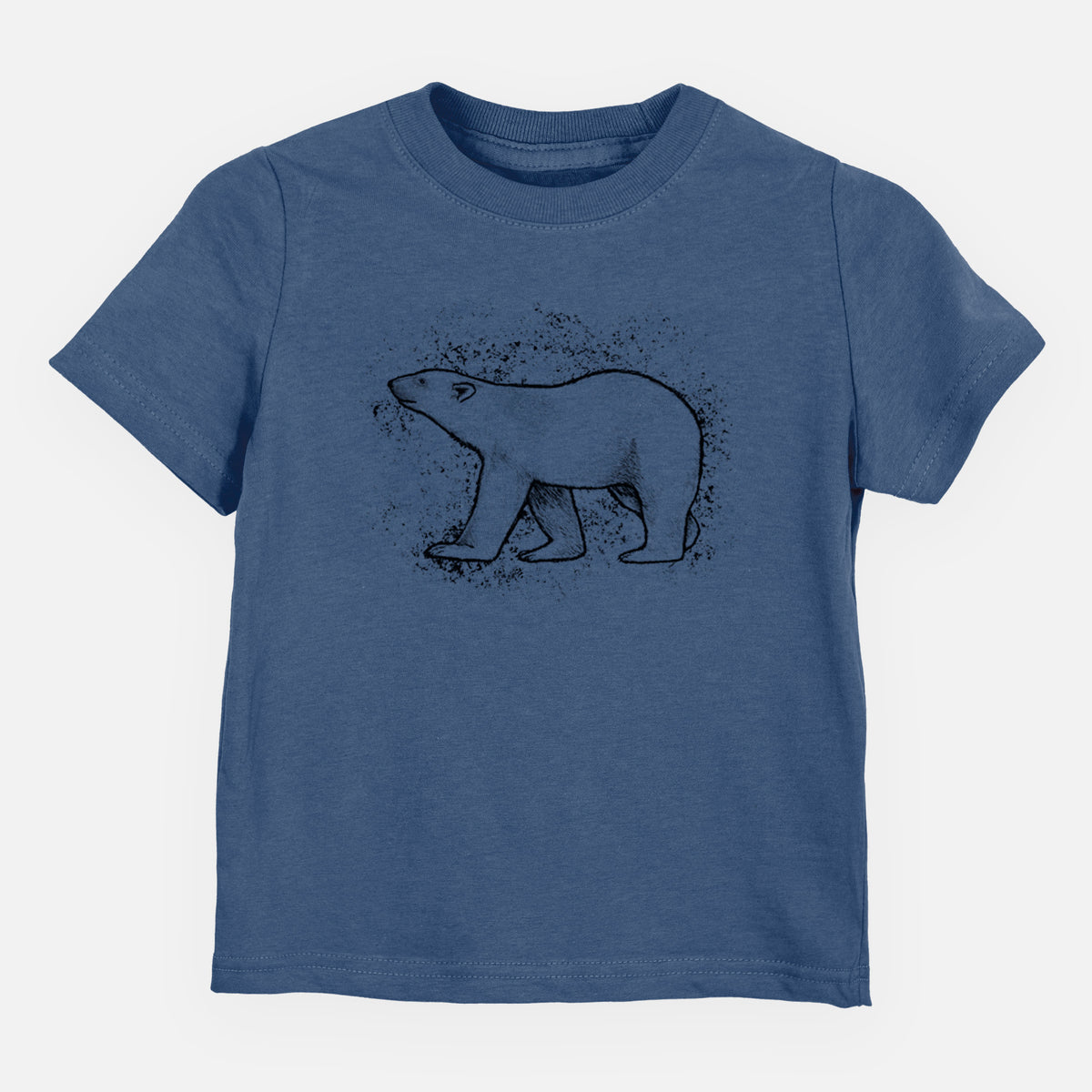 Indigo blue toddler t-shirt laid flat, printed with a black ink illustration of a polar bear walking across snow.