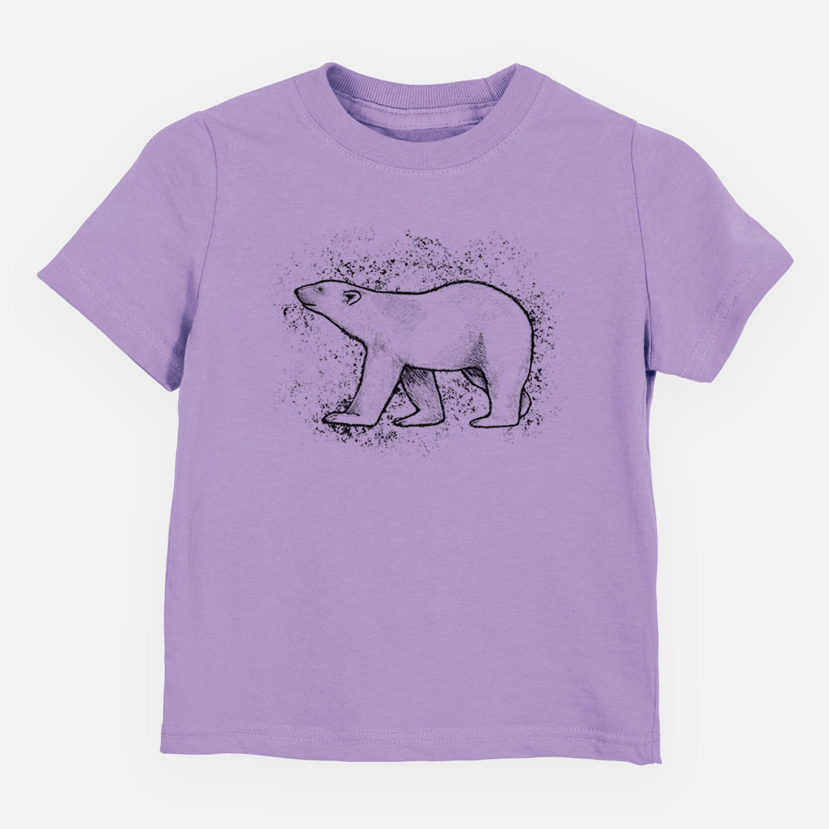 Lavender toddler t-shirt laid flat, printed with a black ink illustration of a polar bear walking across snow.