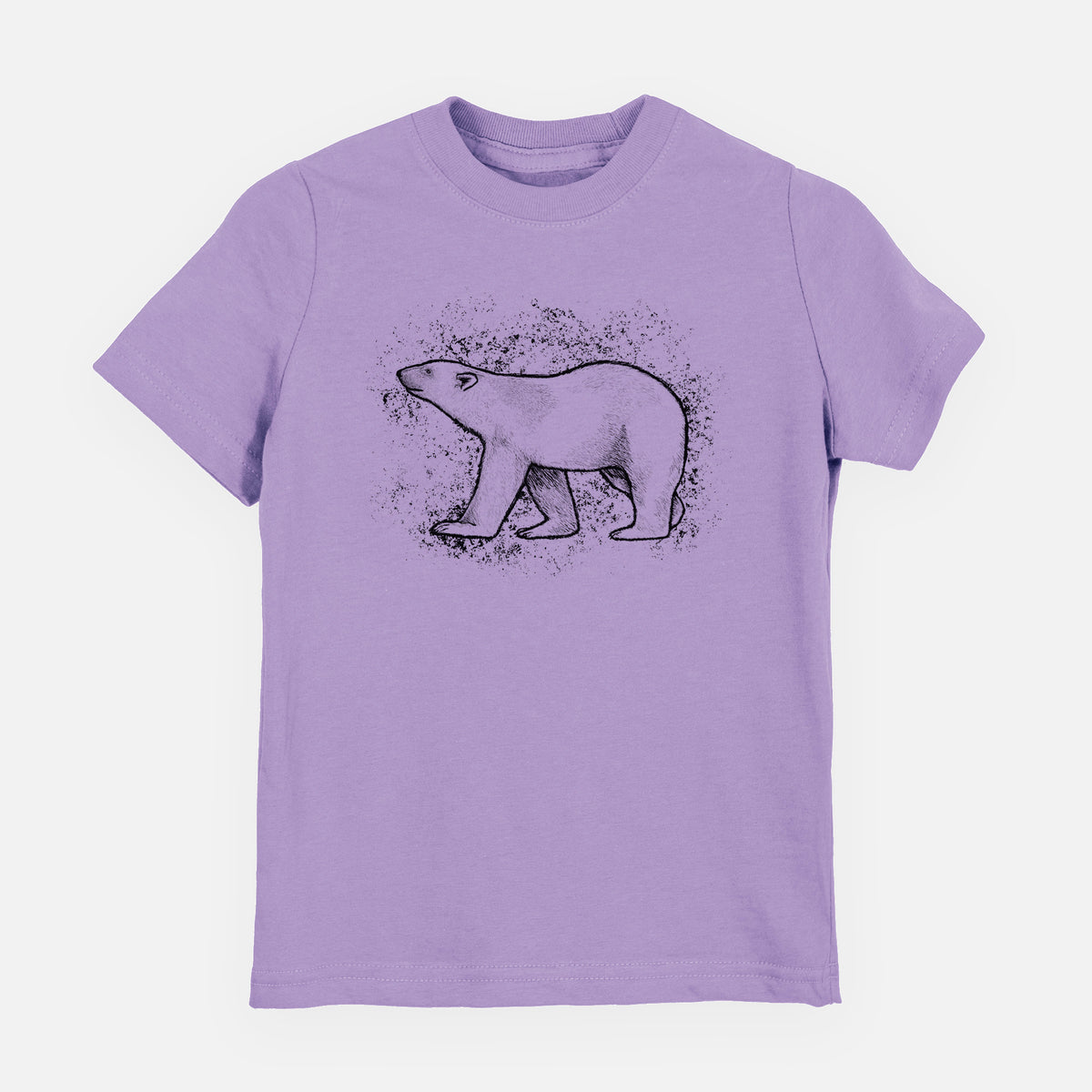Lavender youth t-shirt laid flat, printed with a black ink illustration of a polar bear walking across snow.
