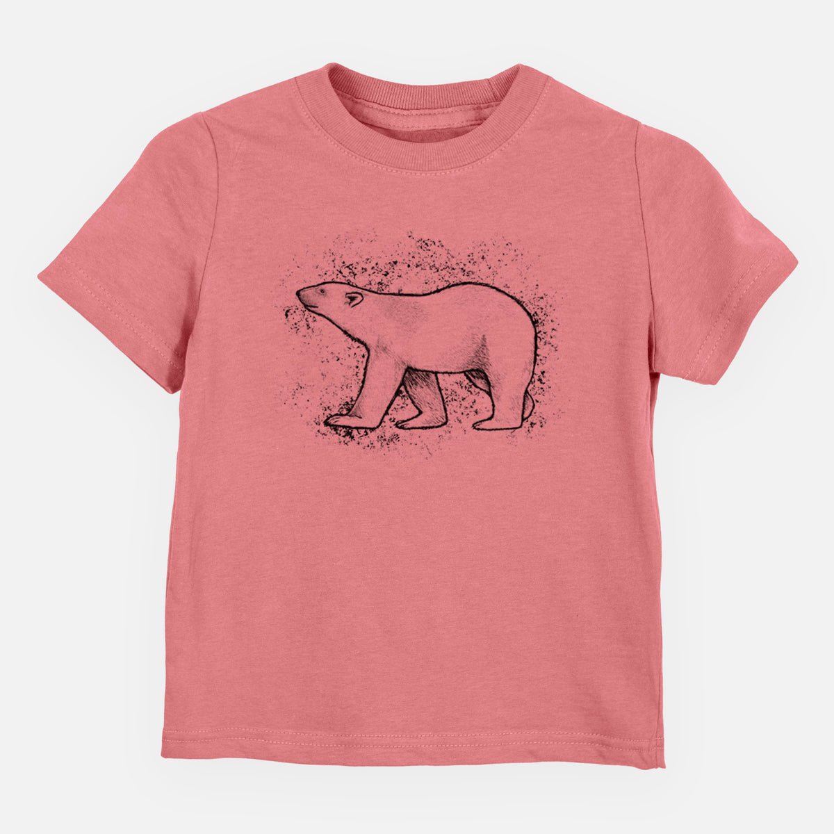 Mauve pink toddler t-shirt laid flat, printed with a black ink illustration of a polar bear walking across snow.