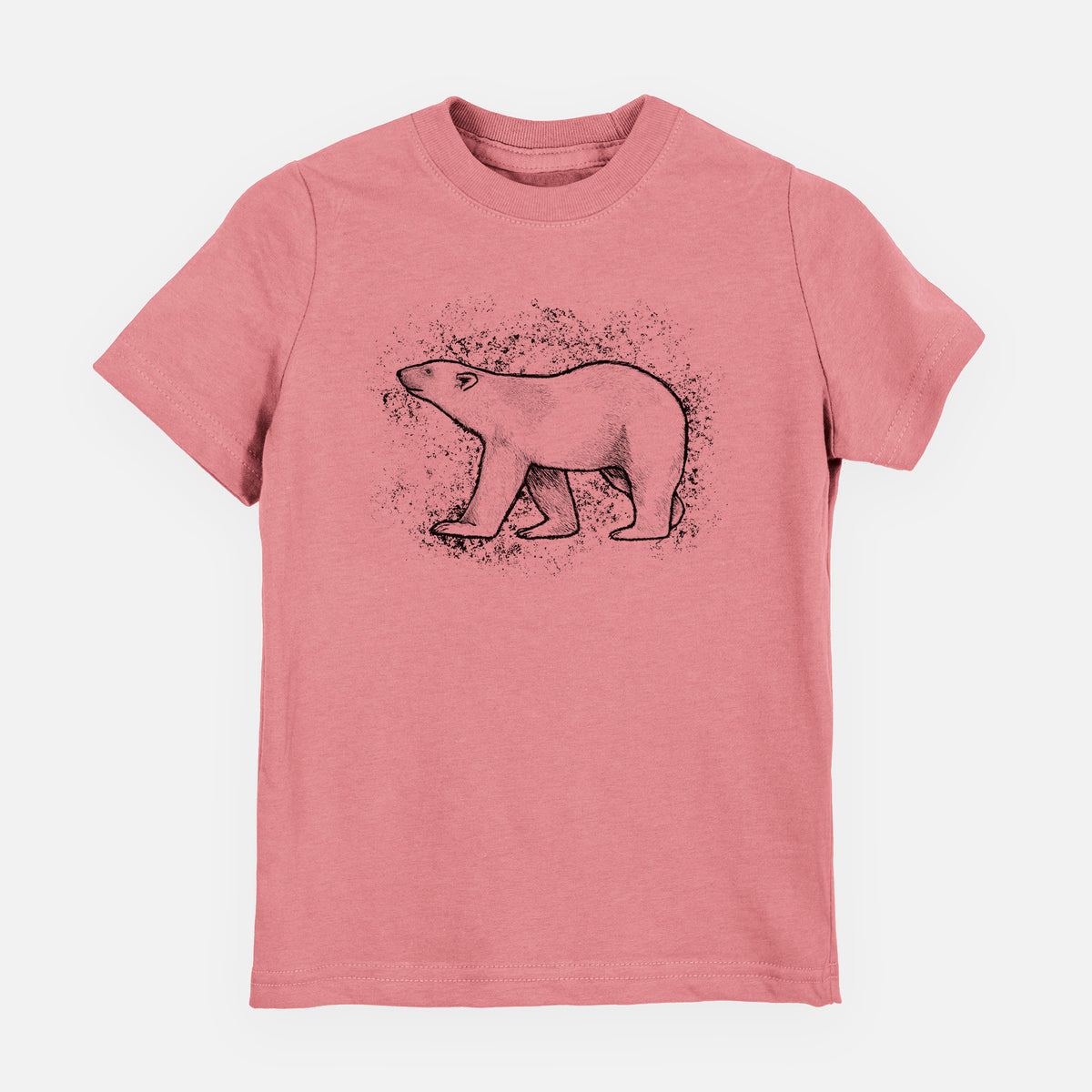 Mauve pink youth t-shirt laid flat, printed with a black ink illustration of a polar bear walking across snow.