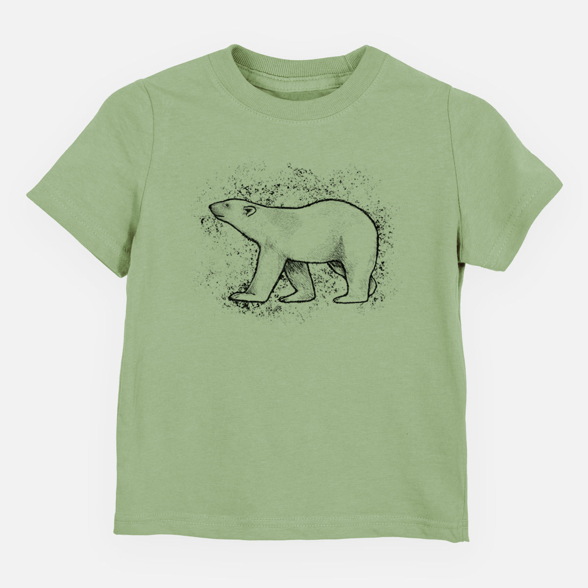 Sage green toddler t-shirt laid flat, printed with a black ink illustration of a polar bear walking across snow.