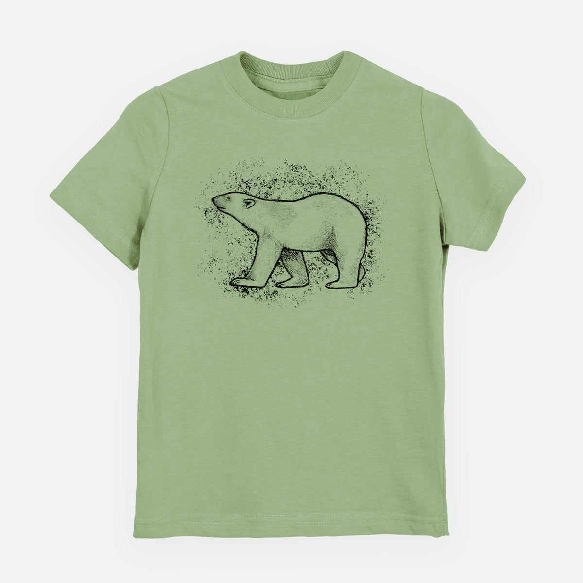 Sage green youth t-shirt laid flat, printed with a black ink illustration of a polar bear walking across snow.