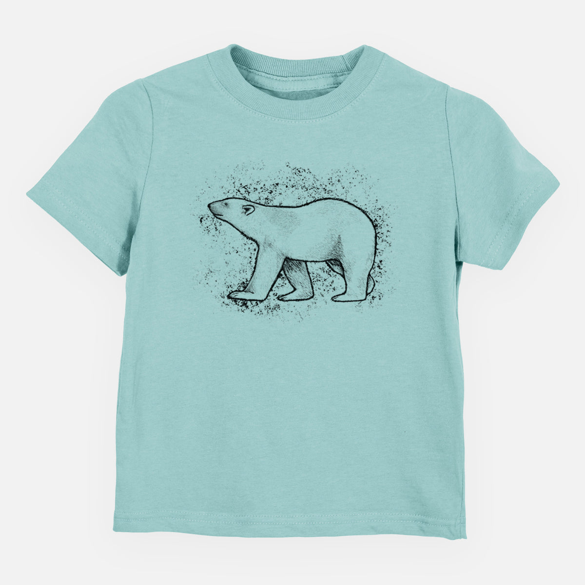 Saltwater toddler t-shirt laid flat, printed with a black ink illustration of a polar bear walking across snow.