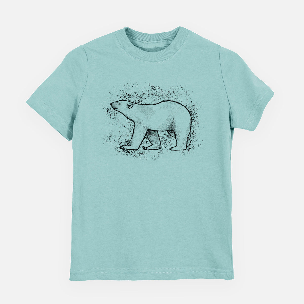 Saltwater youth t-shirt laid flat, printed with a black ink illustration of a polar bear walking across snow.