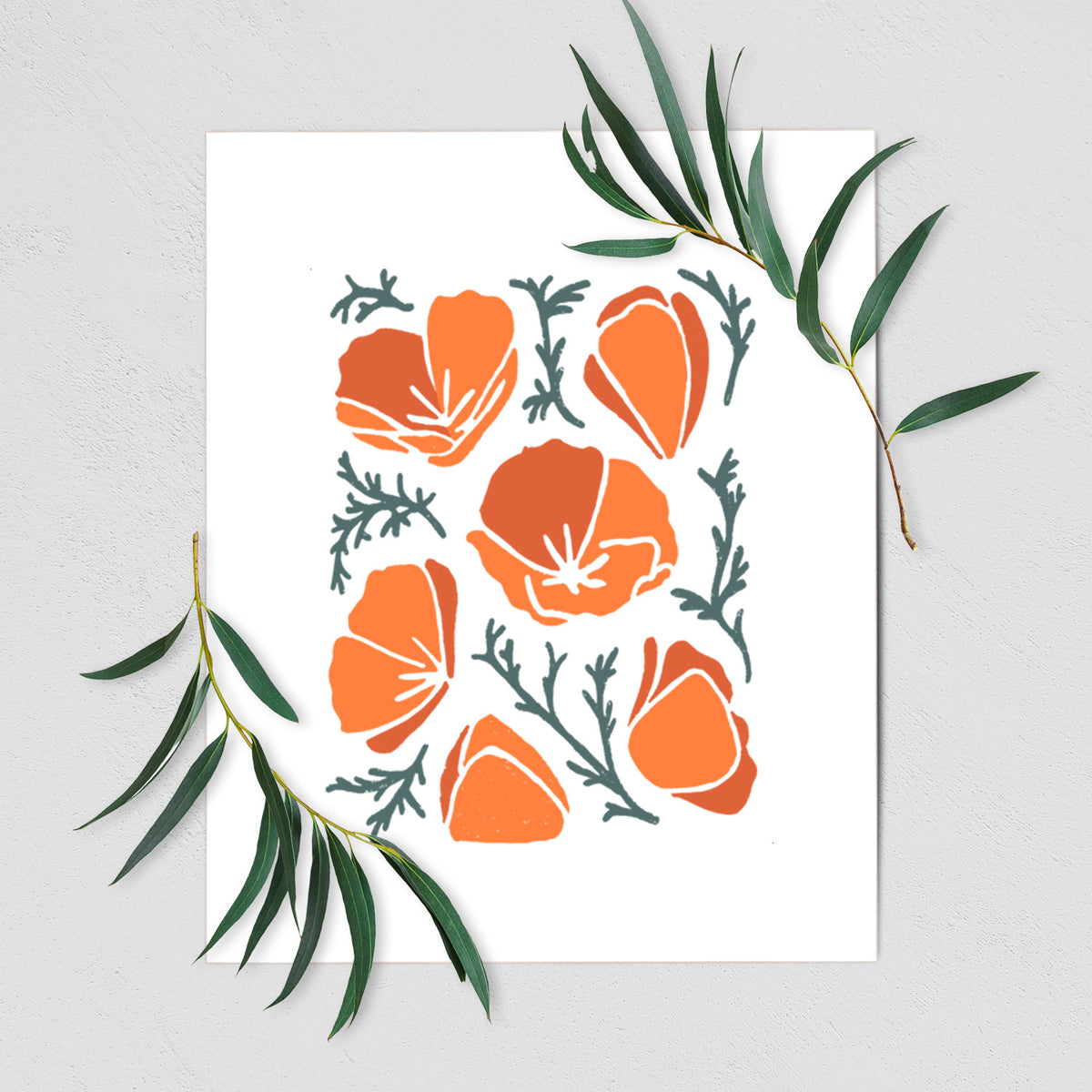 Art print of a full-color illustration of orange California poppies with blue-green leaves, shown with eucalyptus leaves.