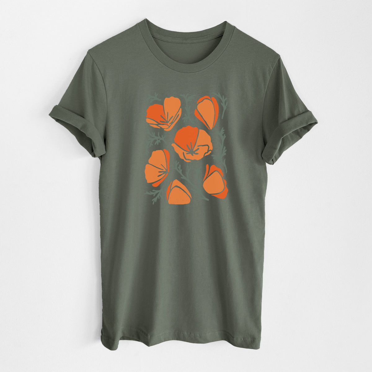 Military green lightweight cotton t-shirt laid flat, printed with a full-color illustration of orange California poppies with blue-green leaves.