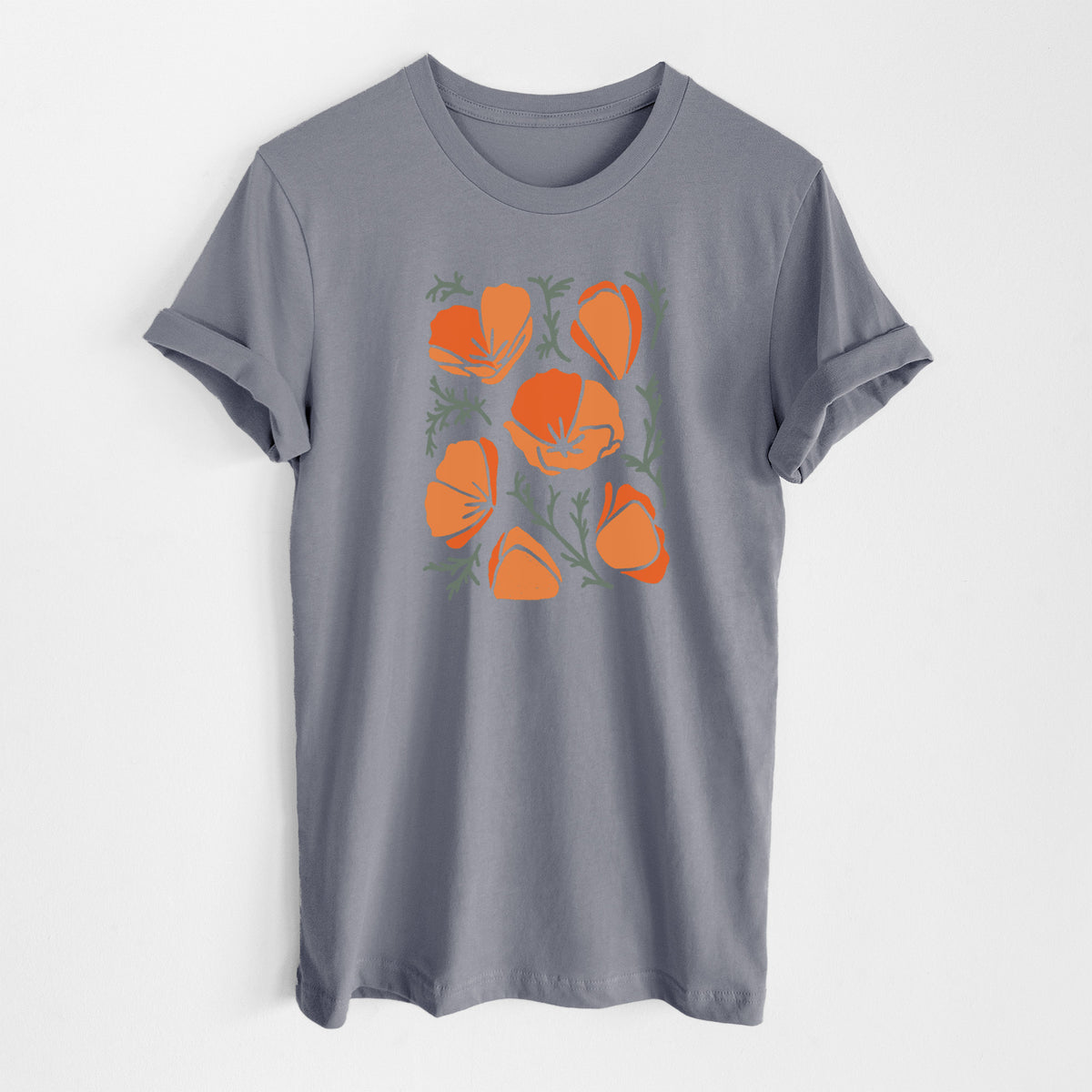 Storm grey lightweight cotton t-shirt laid flat, printed with a full-color illustration of orange California poppies with blue-green leaves.