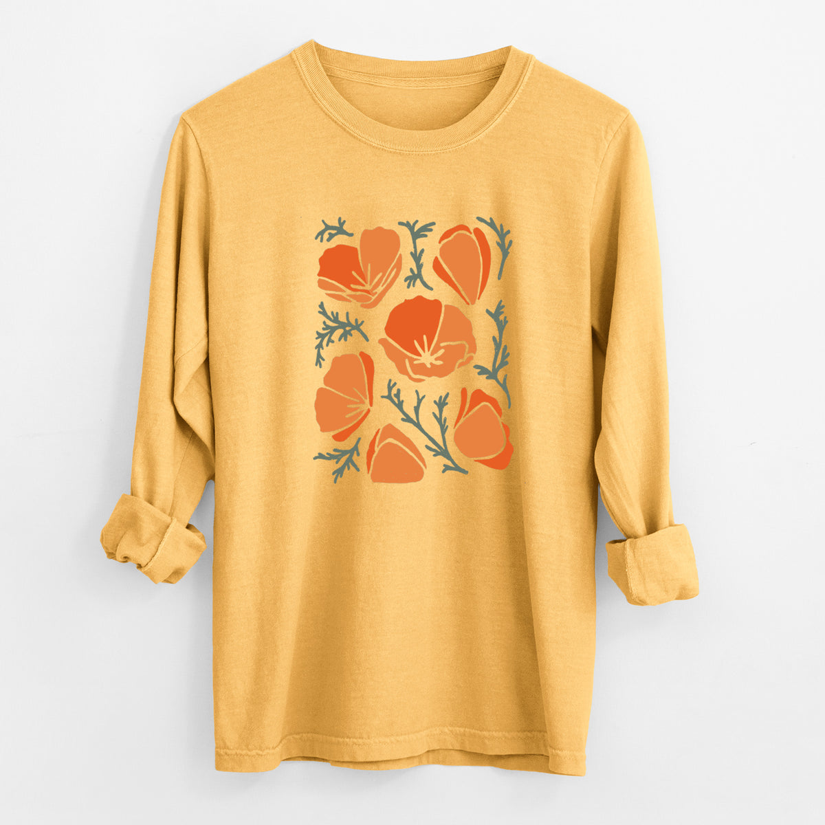 Golden wheat yellow Comfort Colors long sleeve shirt laid flat with the cuffs rolled, printed with a full-color illustration of orange California poppies with blue-green leaves.