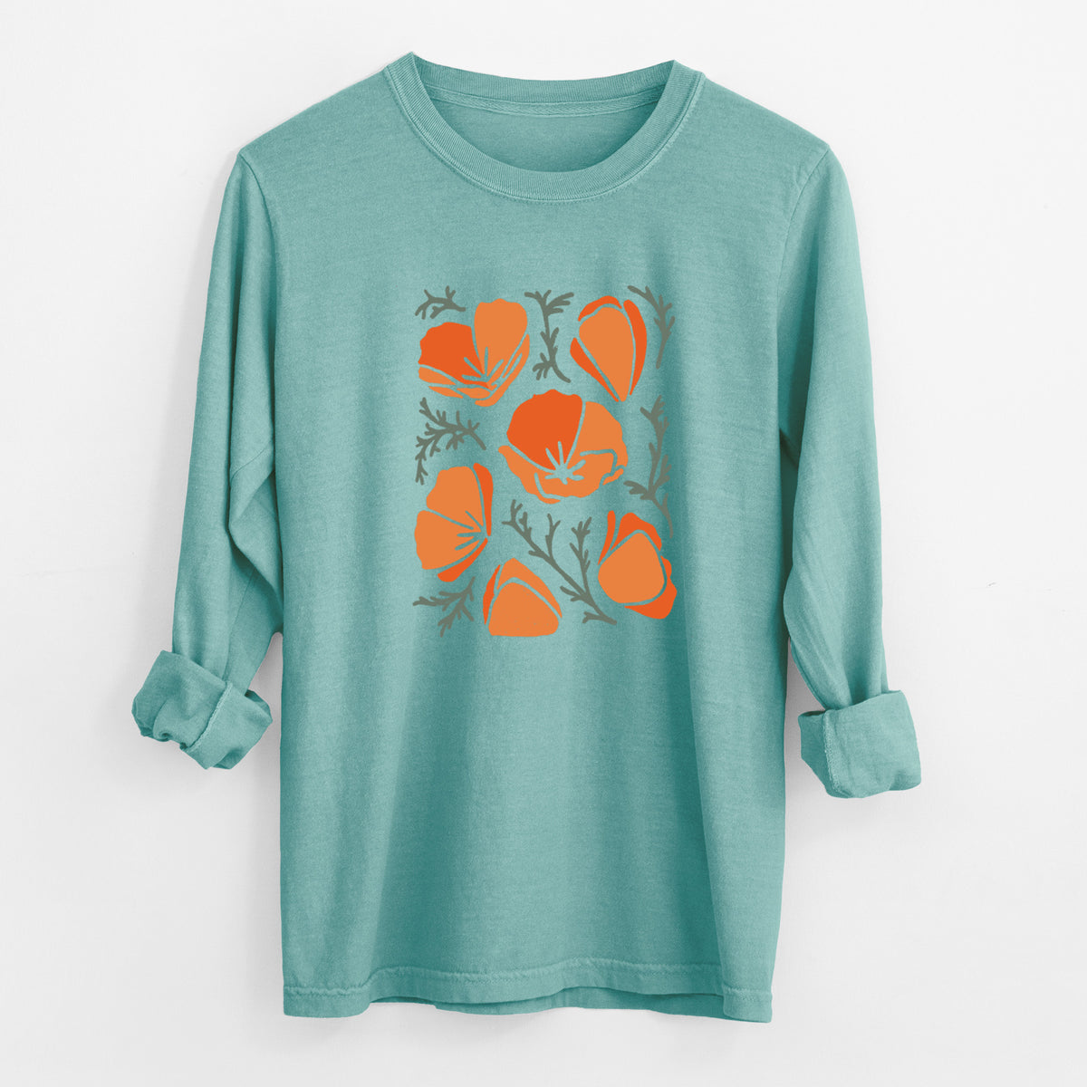 Reef green Comfort Colors long sleeve shirt laid flat with the cuffs rolled, printed with a full-color illustration of orange California poppies with blue-green leaves.
