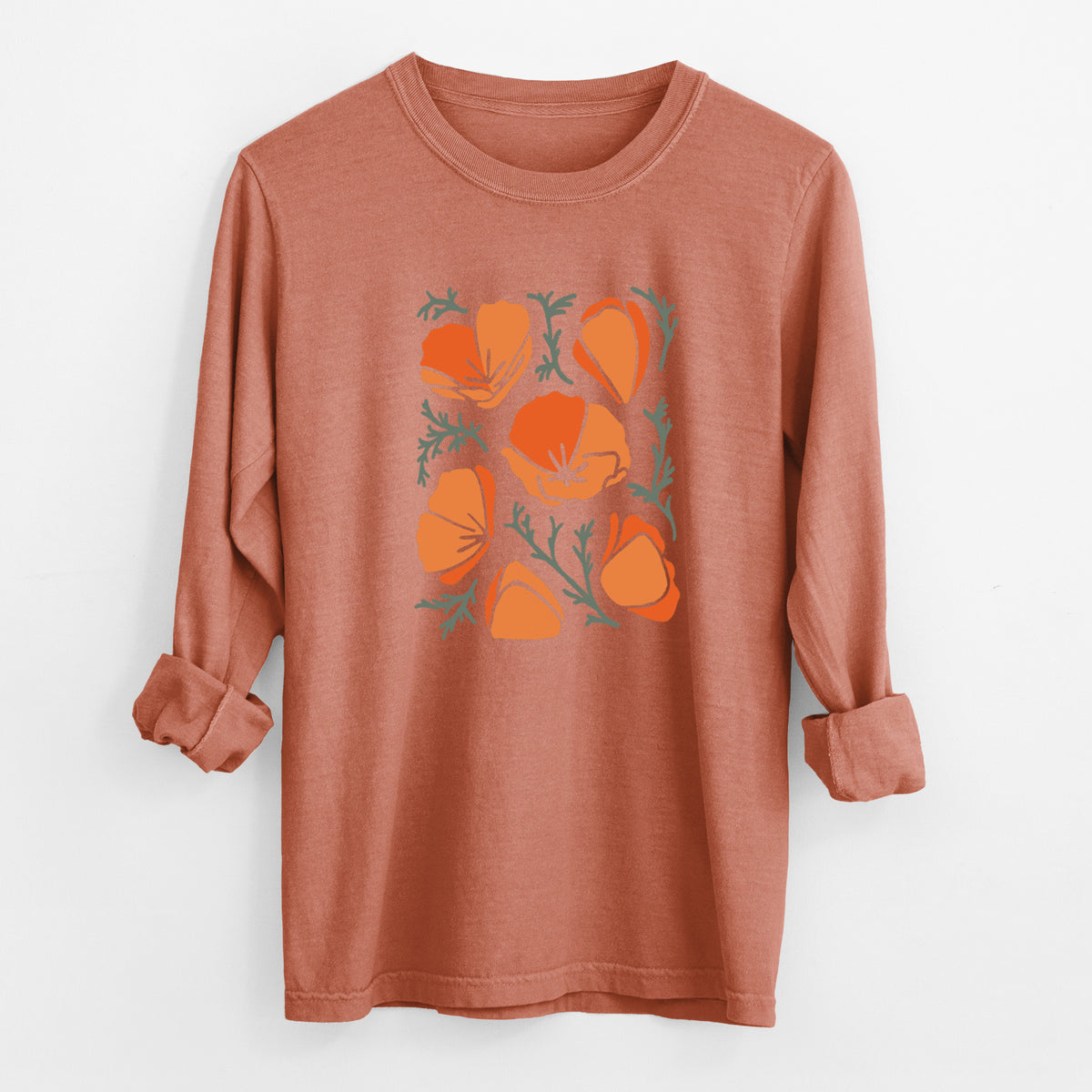 Yam burnt orange Comfort Colors long sleeve shirt laid flat with the cuffs rolled, printed with a full-color illustration of orange California poppies with blue-green leaves.