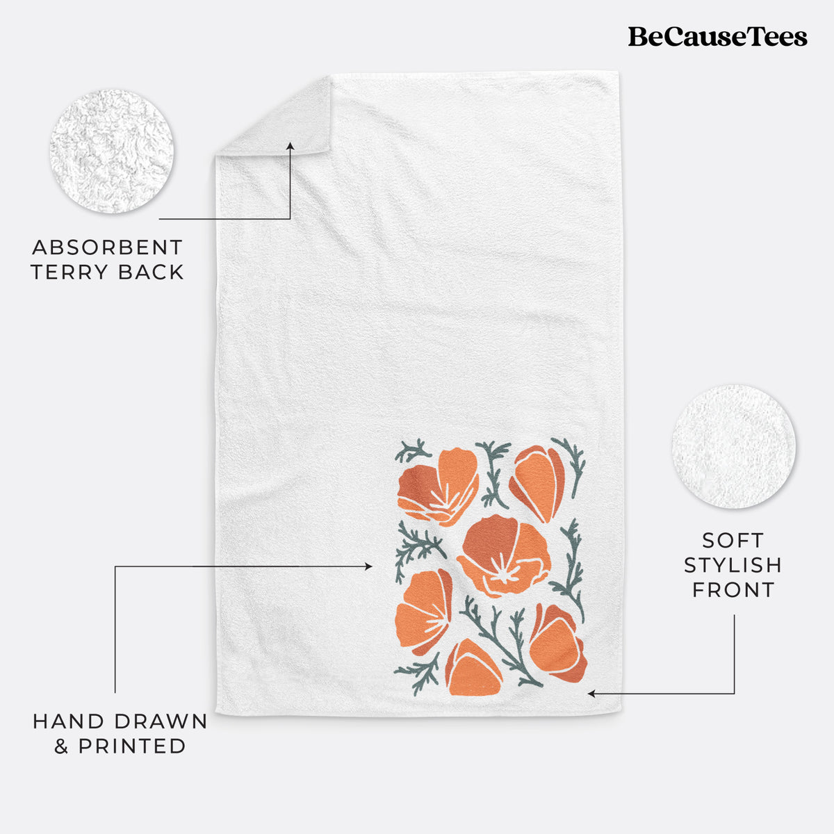 White hand towel printed with a full-color illustration of orange California poppies with blue-green leaves.