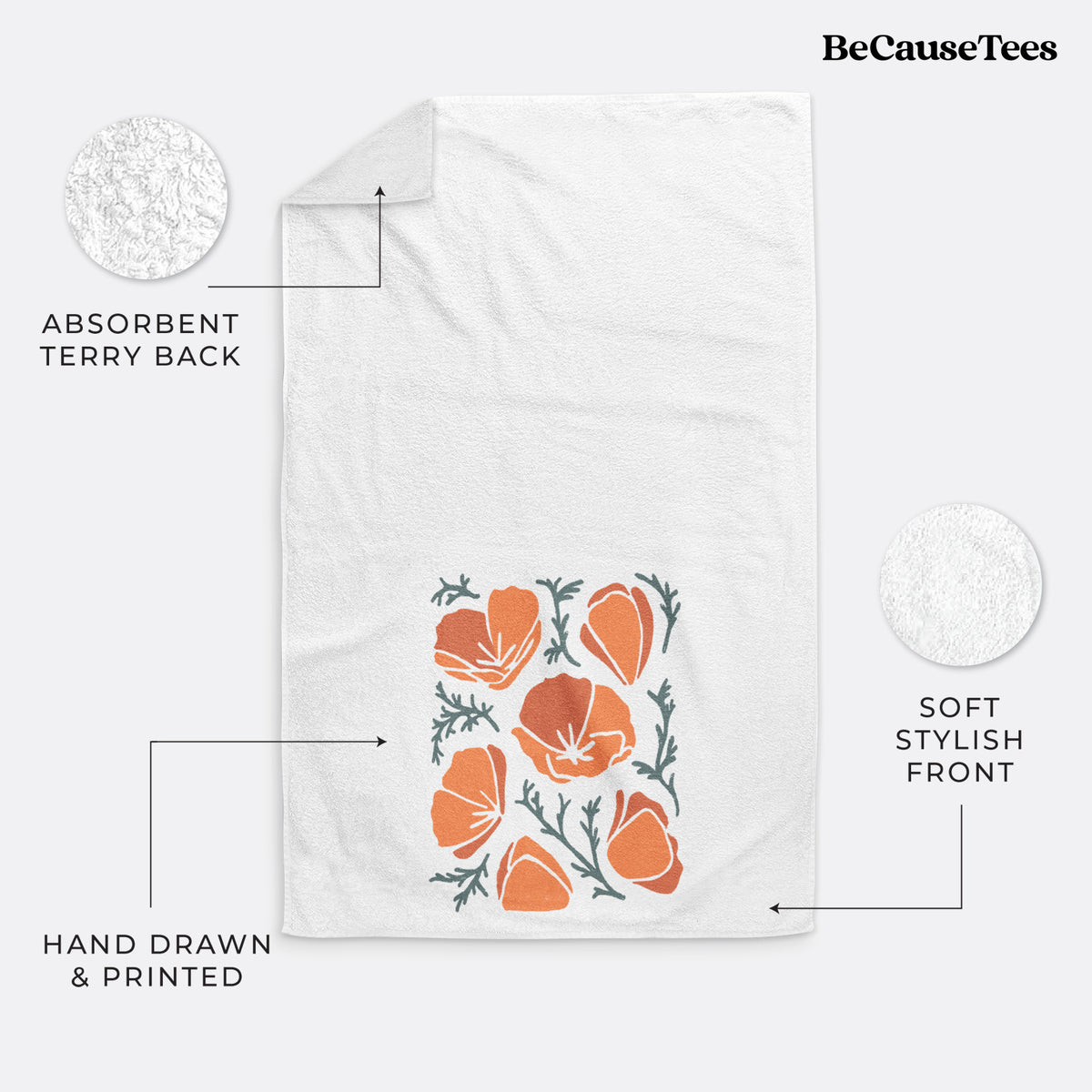 White hand towel printed with a full-color illustration of orange California poppies with blue-green leaves.