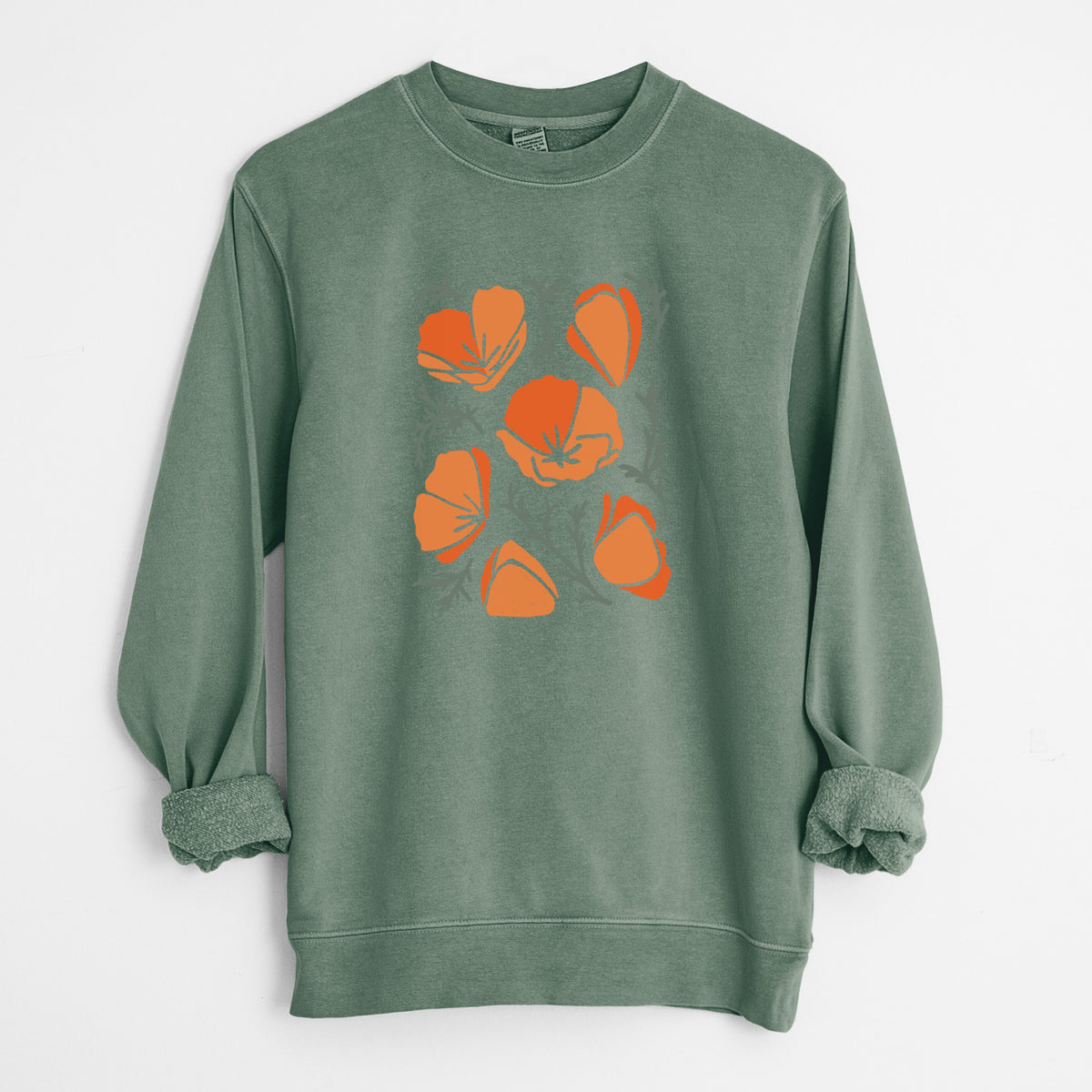 Alpine green pigment dyed crewneck sweatshirt laid flat with the sleeves rolled, printed with a full-color illustration of orange California poppies with blue-green leaves.