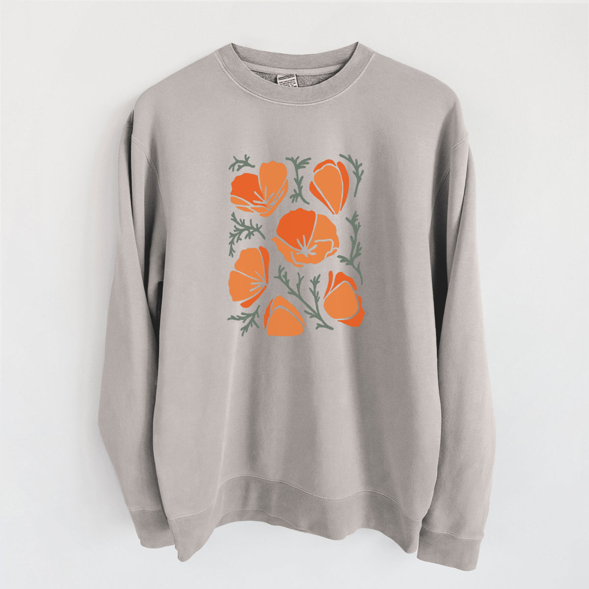 Cement grey pigment dyed crewneck sweatshirt laid flat, printed with a full-color illustration of orange California poppies with blue-green leaves.