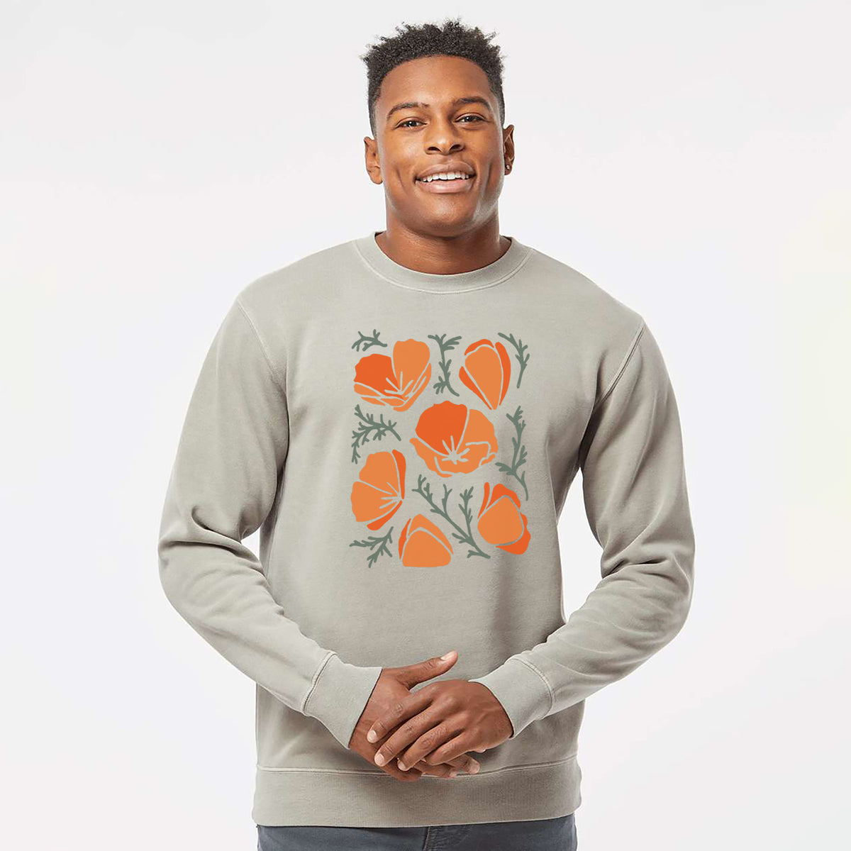 Poppy Vibes - Unisex Pigment Dyed Crew Sweatshirt in Cement