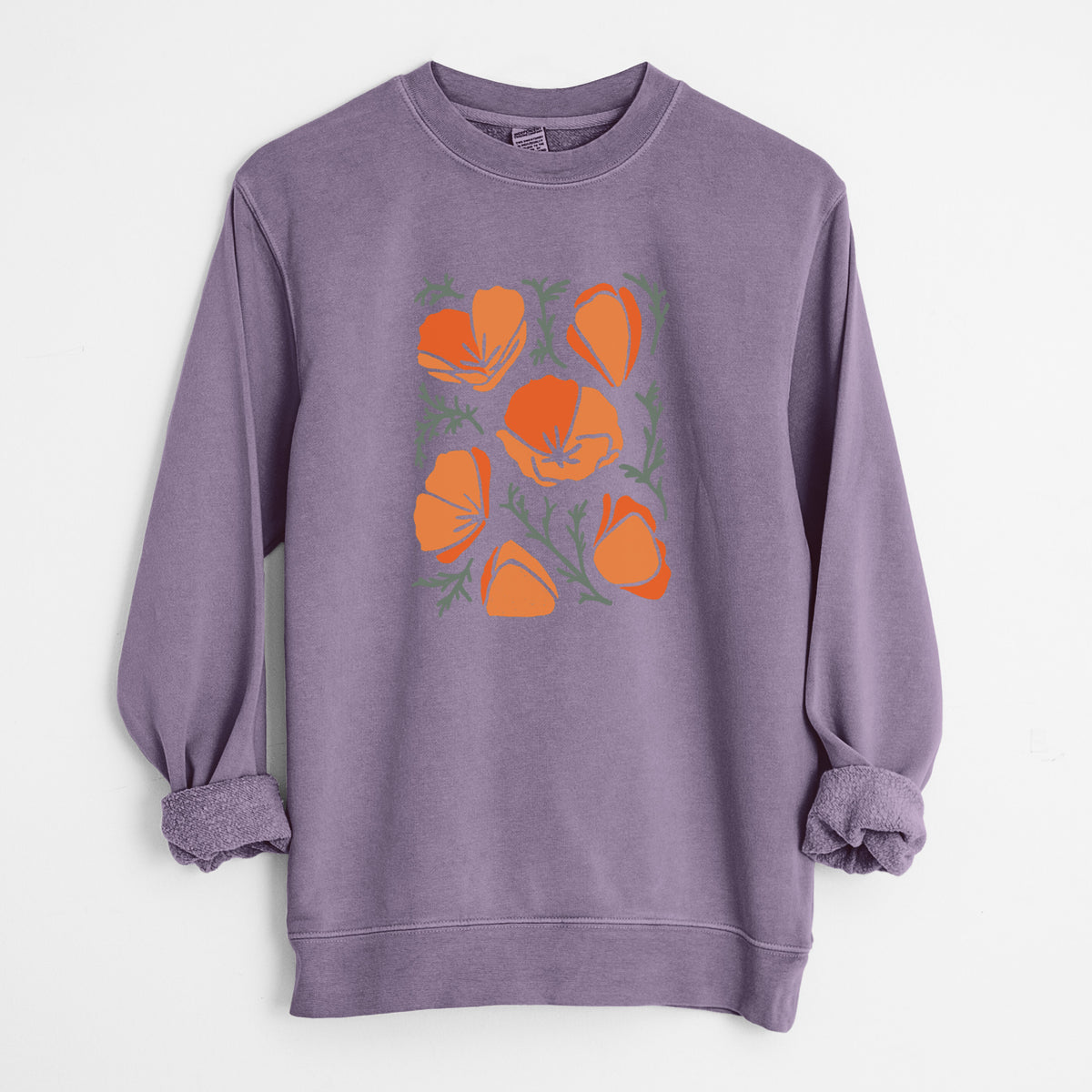 Plum purple pigment dyed crewneck sweatshirt laid flat with the sleeves rolled, printed with a full-color illustration of orange California poppies with blue-green leaves.
