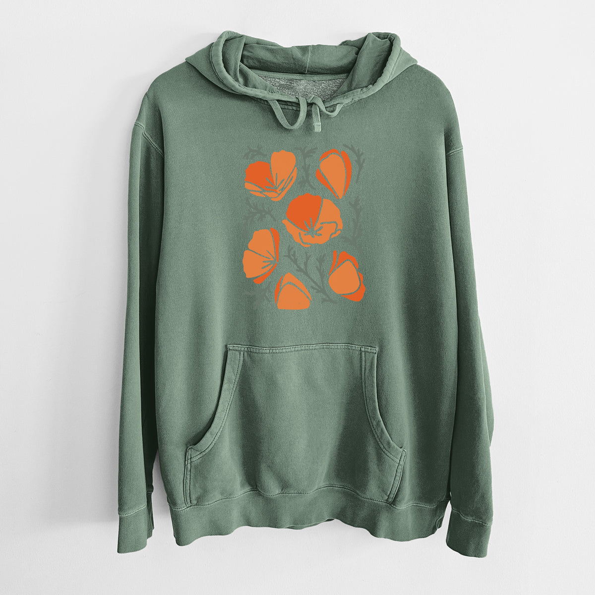 Alpine green pigment dyed hoodie laid flat, printed with a full-color illustration of orange California poppies with blue-green leaves.