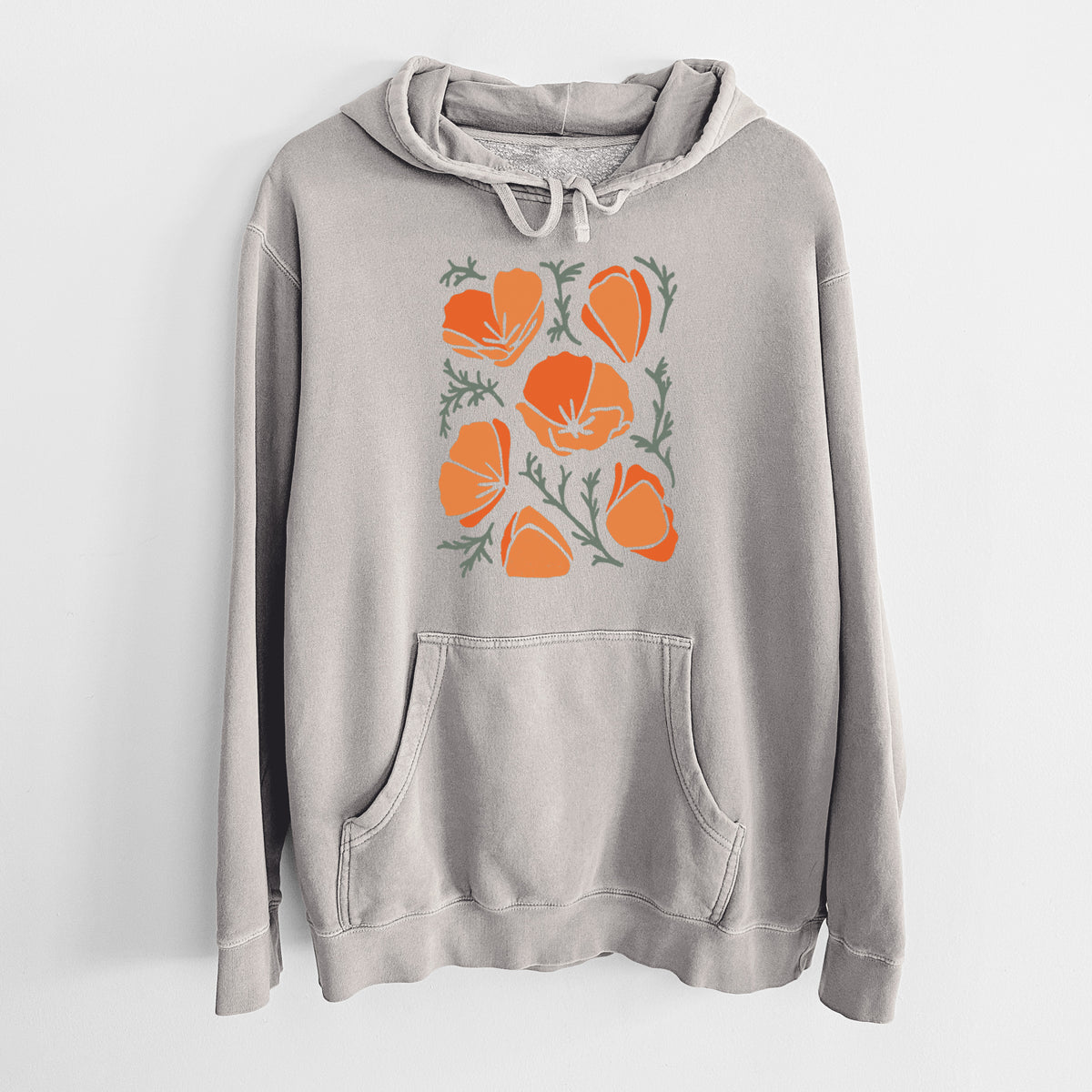 Cement grey pigment dyed hoodie laid flat, printed with a full-color illustration of orange California poppies with blue-green leaves.