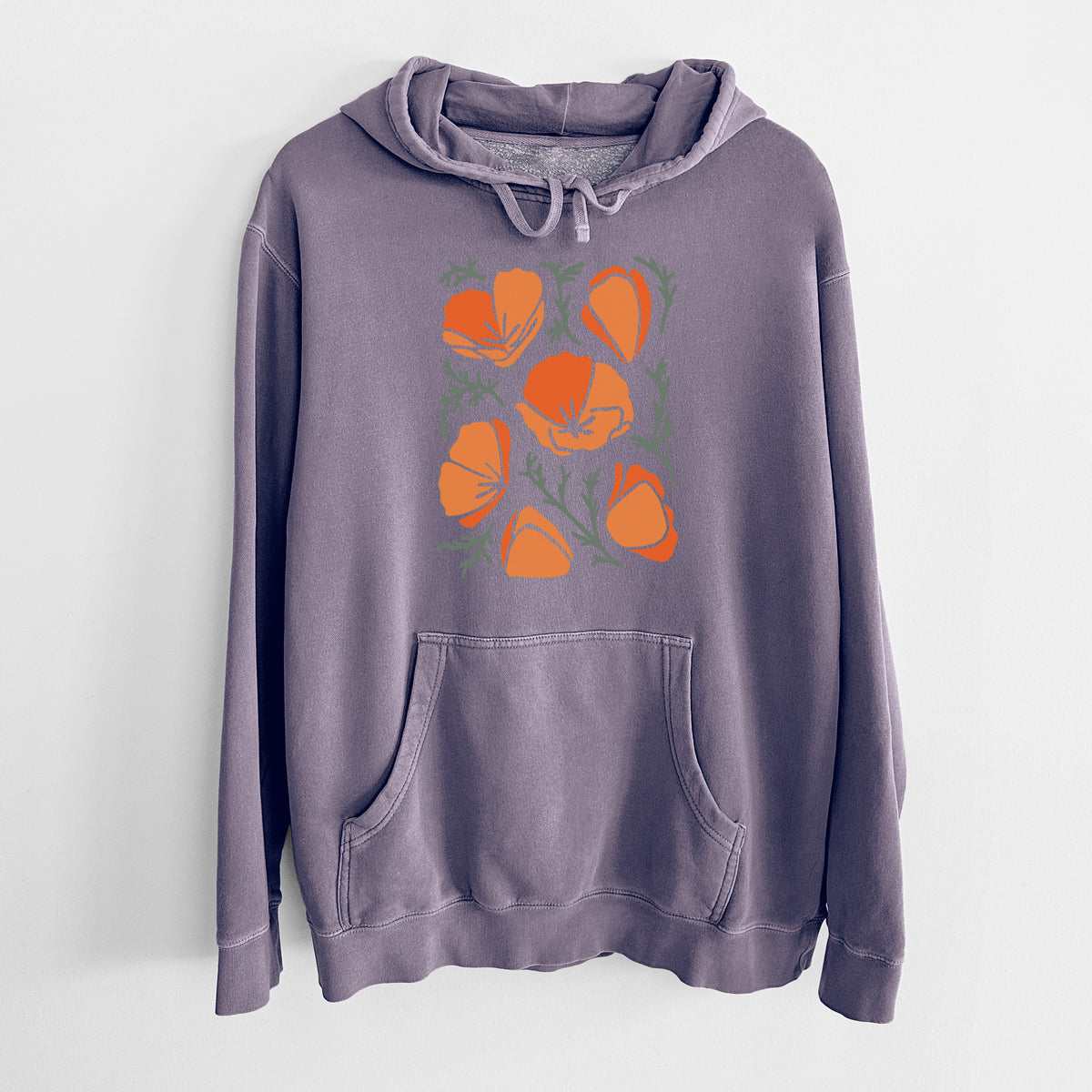 Plum purple pigment dyed hoodie laid flat, printed with a full-color illustration of orange California poppies with blue-green leaves.
