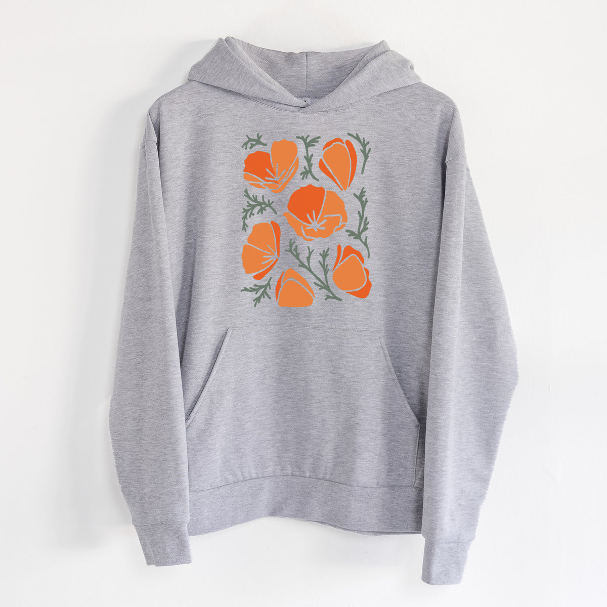 Poppy Vibes - Statement Midweight Hoodie in Heather Grey, hanging on a white wall, with a front kangaroo pocket and no drawcords.
