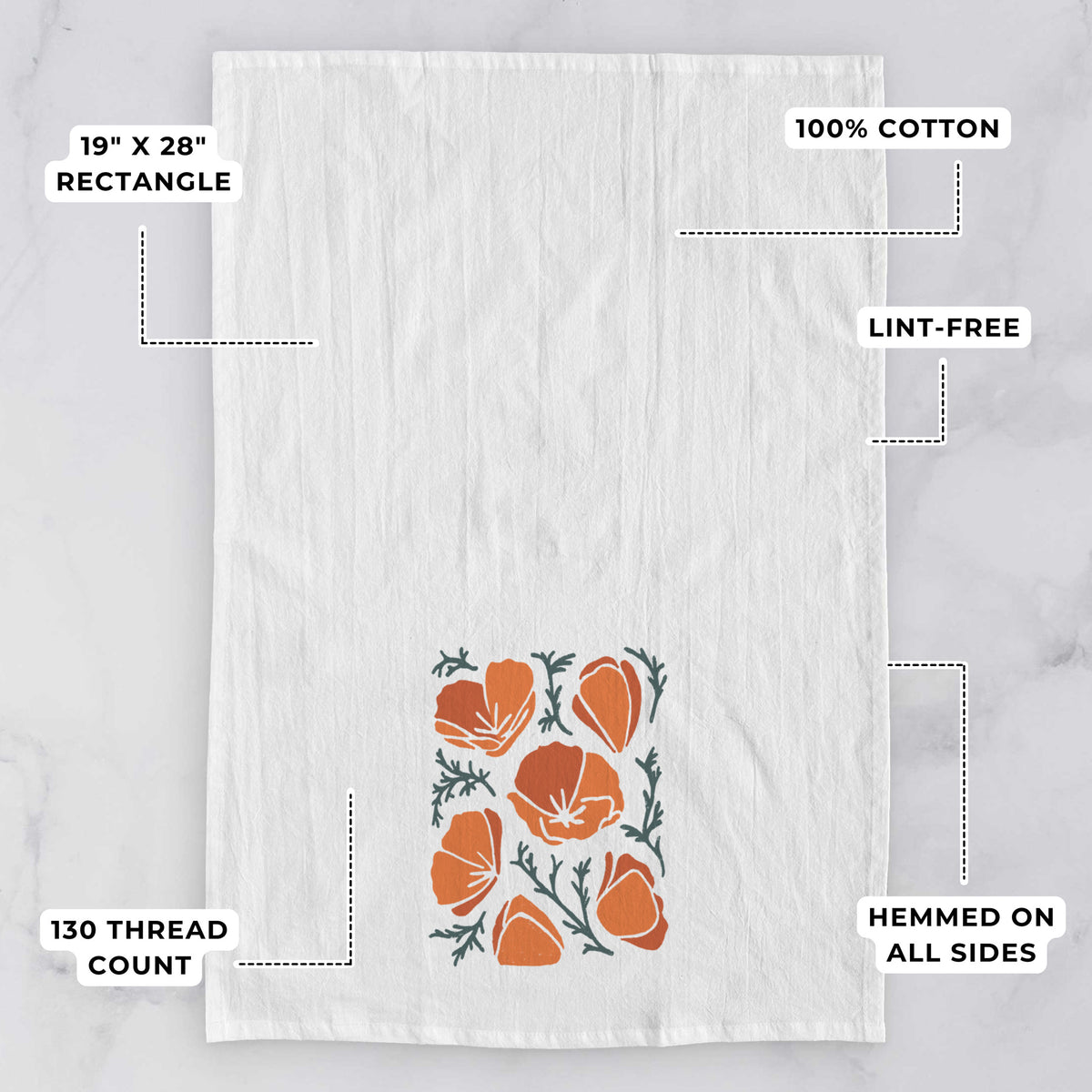 White tea towel printed with a full-color illustration of orange California poppies with blue-green leaves, with feature labels: 19 by 28 inch rectangle, 100% cotton, lint-free, 130 thread count, hemmed on all sides.