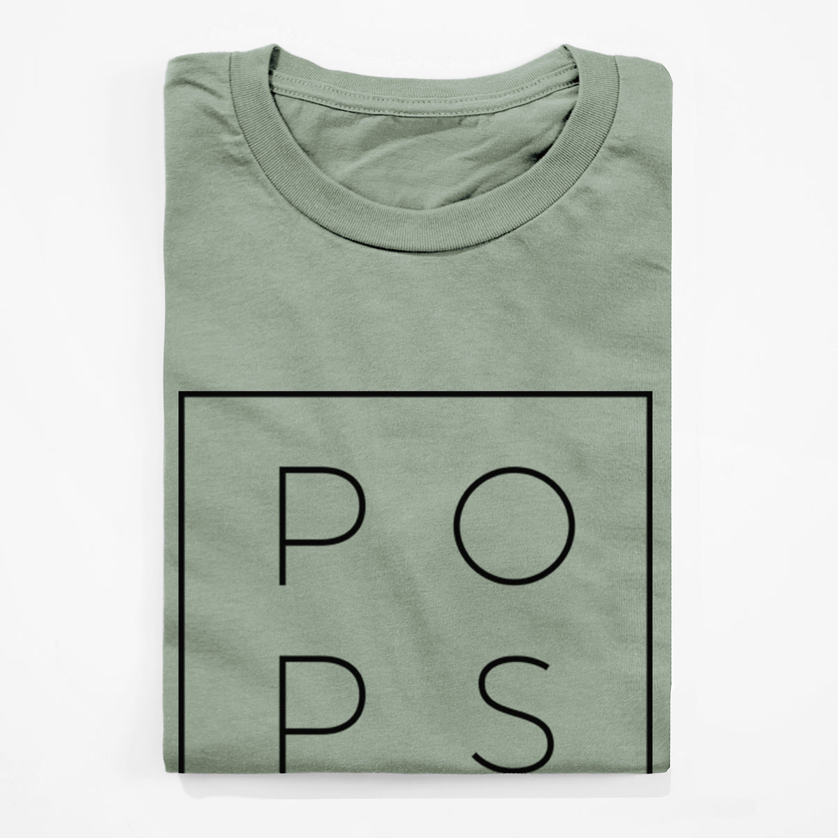 Sage green lightweight cotton t-shirt folded, showing the word POPS in thin black letters stacked inside a square outline.