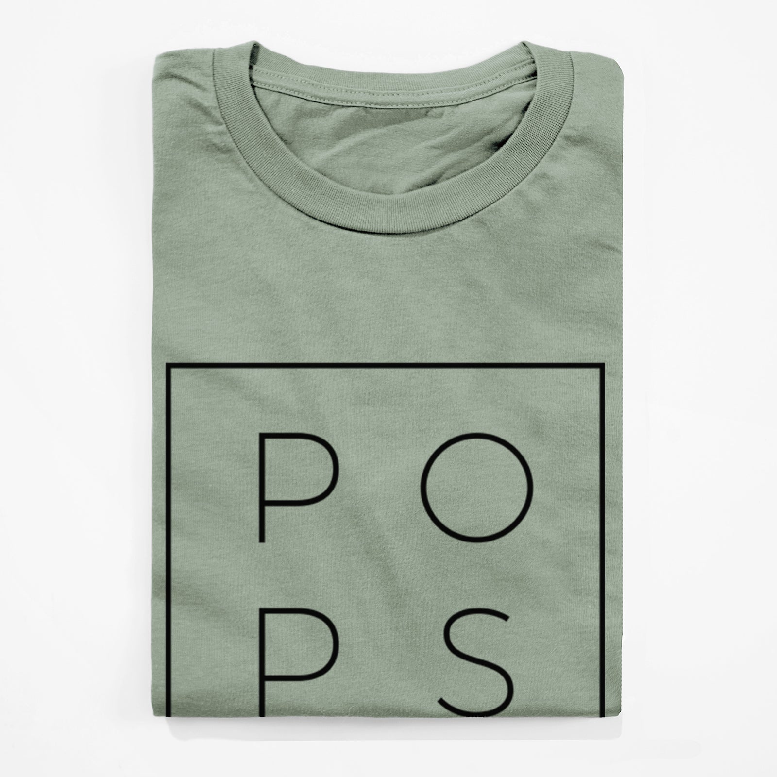 Vintage denim lightweight cotton t-shirt laid flat, printed with the word POPS in thin black letters stacked inside a square outline.