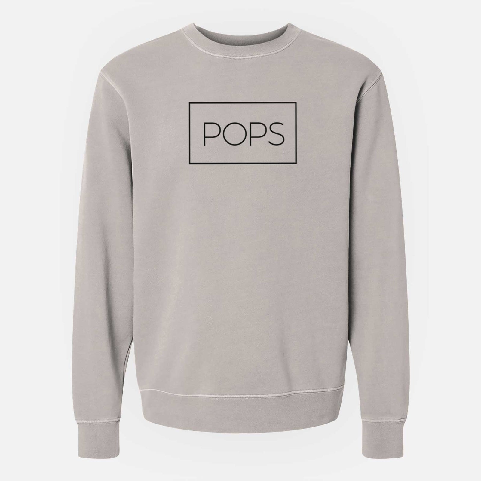 Slate blue pigment dyed crewneck sweatshirt laid flat, printed with the word POPS in thin black letters inside a rectangle outline.