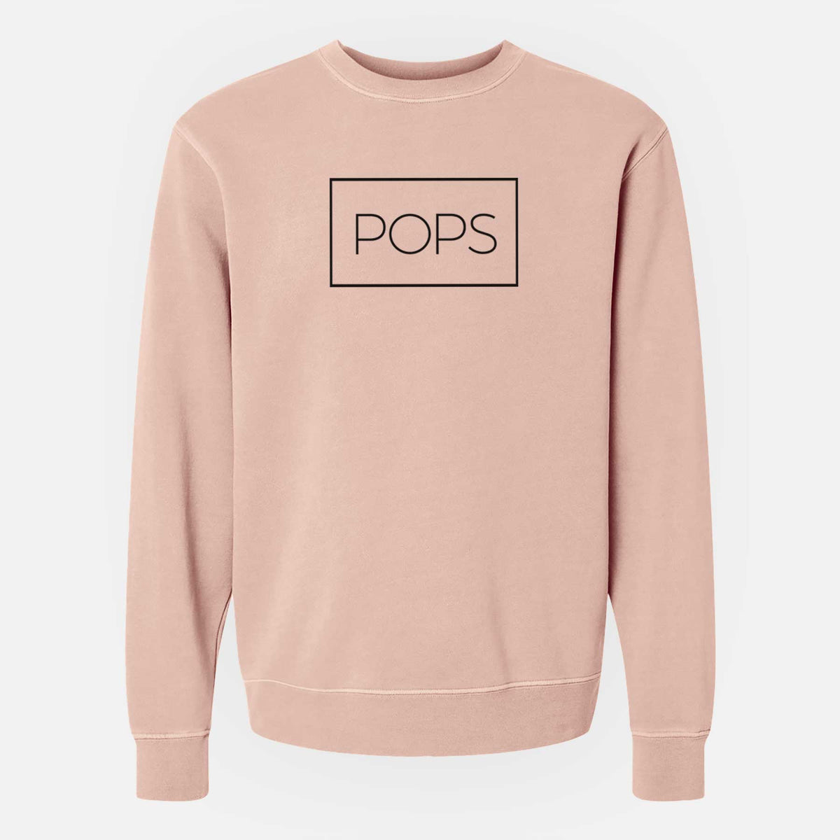 Dusty pink pigment dyed crewneck sweatshirt laid flat, printed with the word POPS in thin black letters inside a rectangle outline.