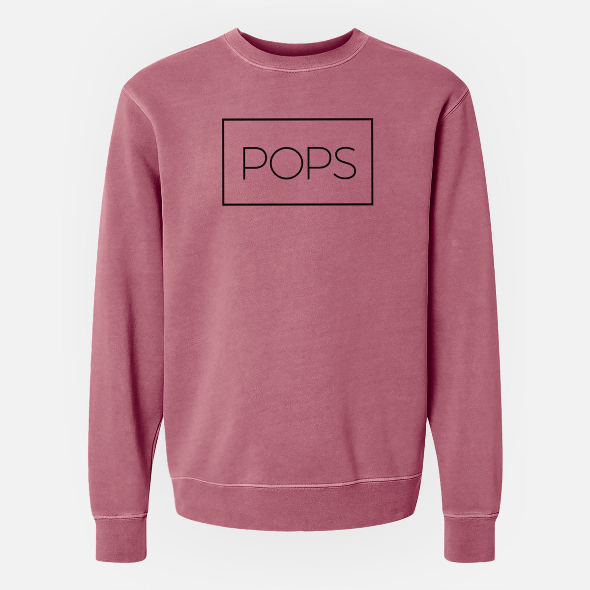 Maroon pigment dyed crewneck sweatshirt laid flat, printed with the word POPS in thin black letters inside a rectangle outline.