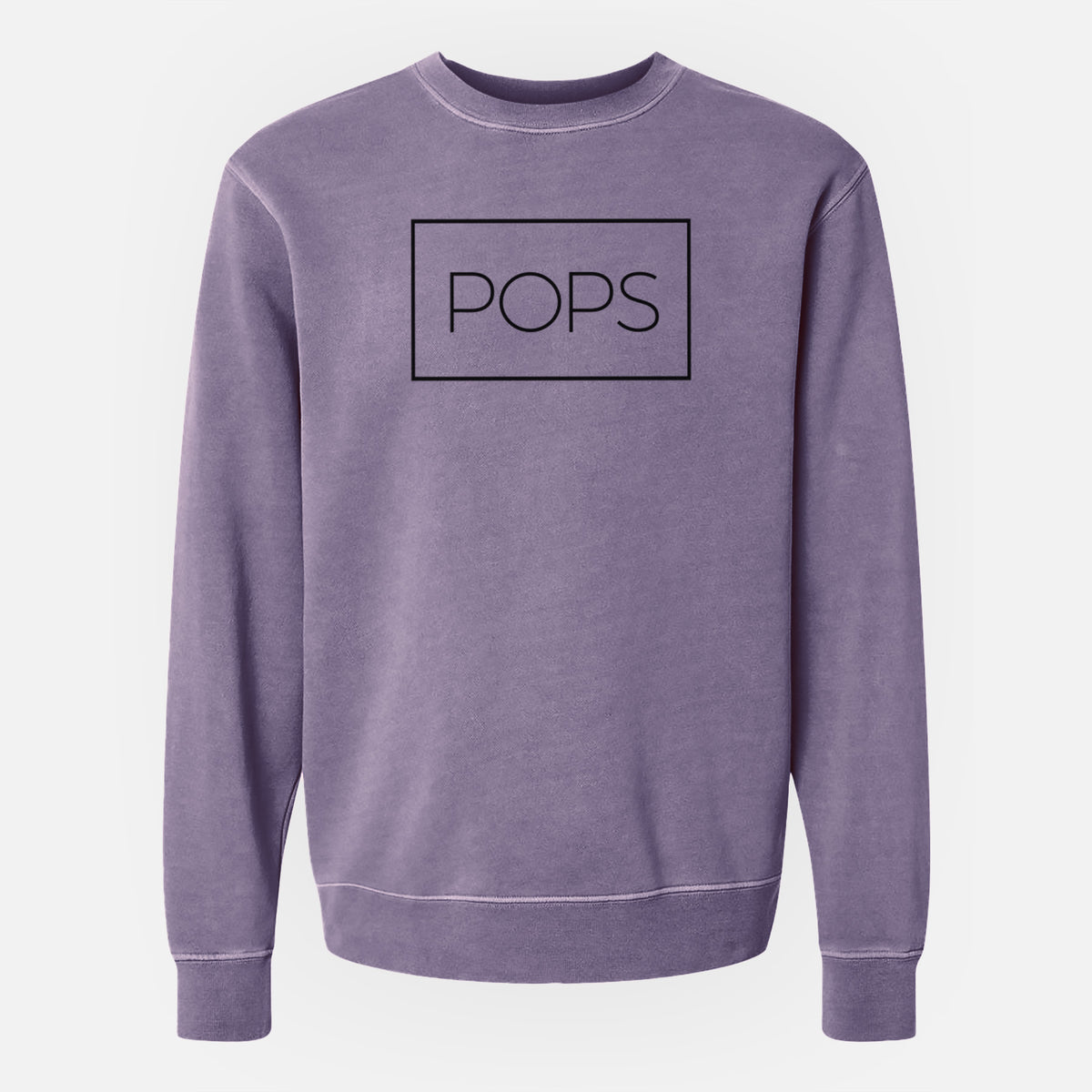 Plum purple pigment dyed crewneck sweatshirt laid flat, printed with the word POPS in thin black letters inside a rectangle outline.