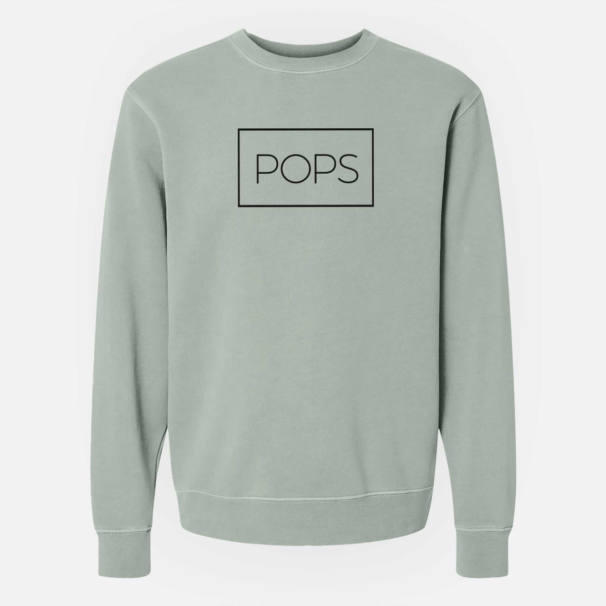 Sage green pigment dyed crewneck sweatshirt laid flat, printed with the word POPS in thin black letters inside a rectangle outline.