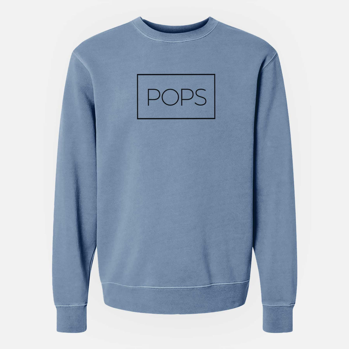 Slate blue pigment dyed crewneck sweatshirt laid flat, printed with the word POPS in thin black letters inside a rectangle outline.