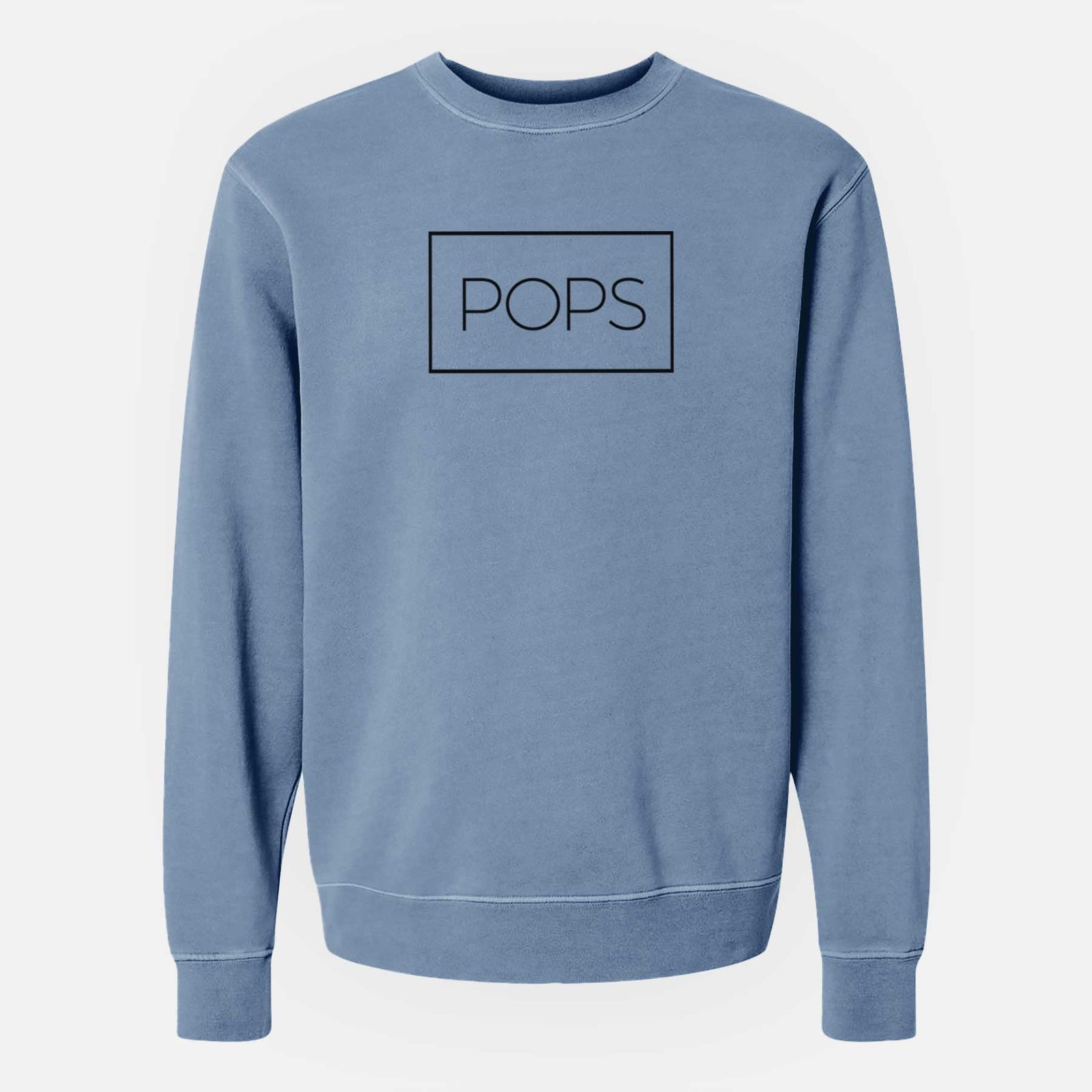 Slate blue pigment dyed crewneck sweatshirt laid flat, printed with the word POPS in thin black letters inside a rectangle outline.