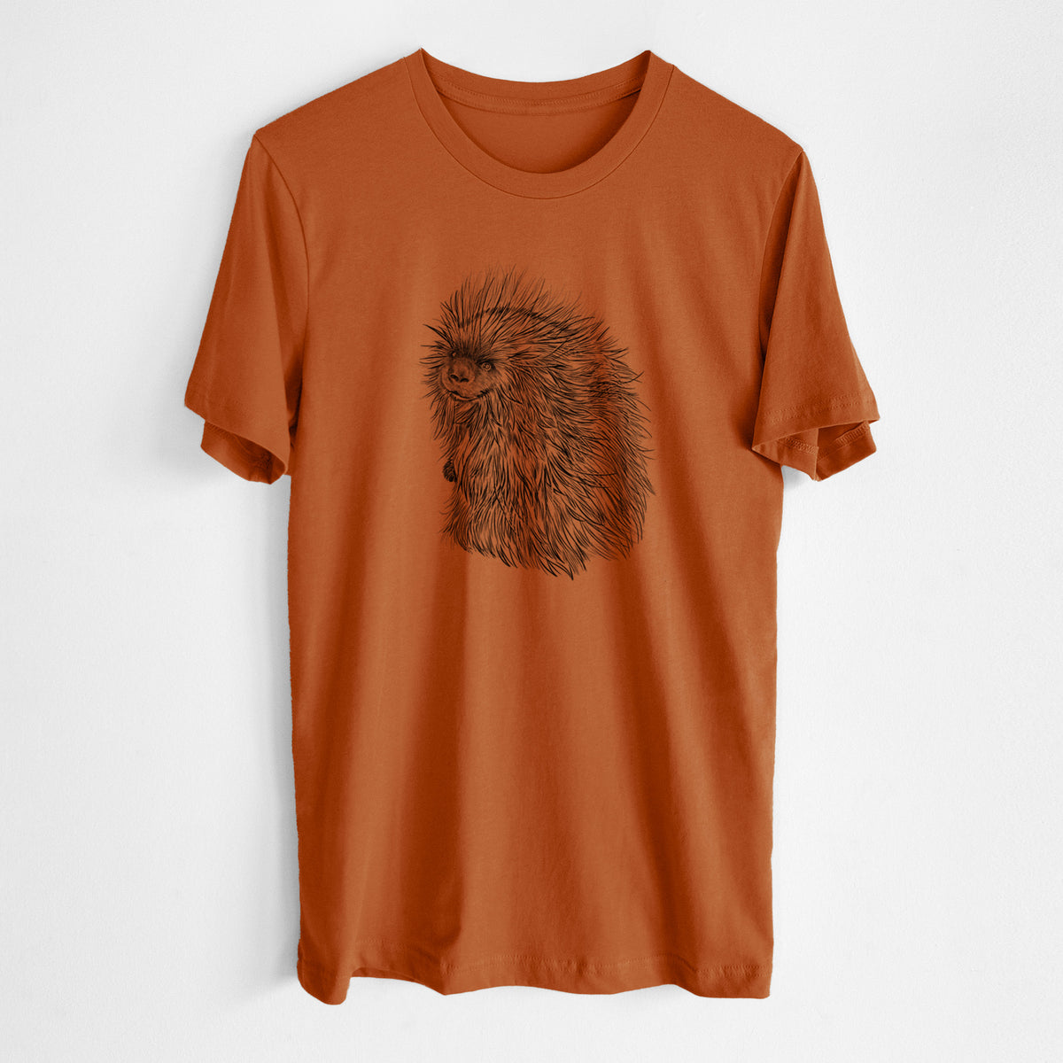 Autumn lightweight cotton t-shirt laid flat, printed with a detailed black ink illustration of a porcupine with its quills raised.
