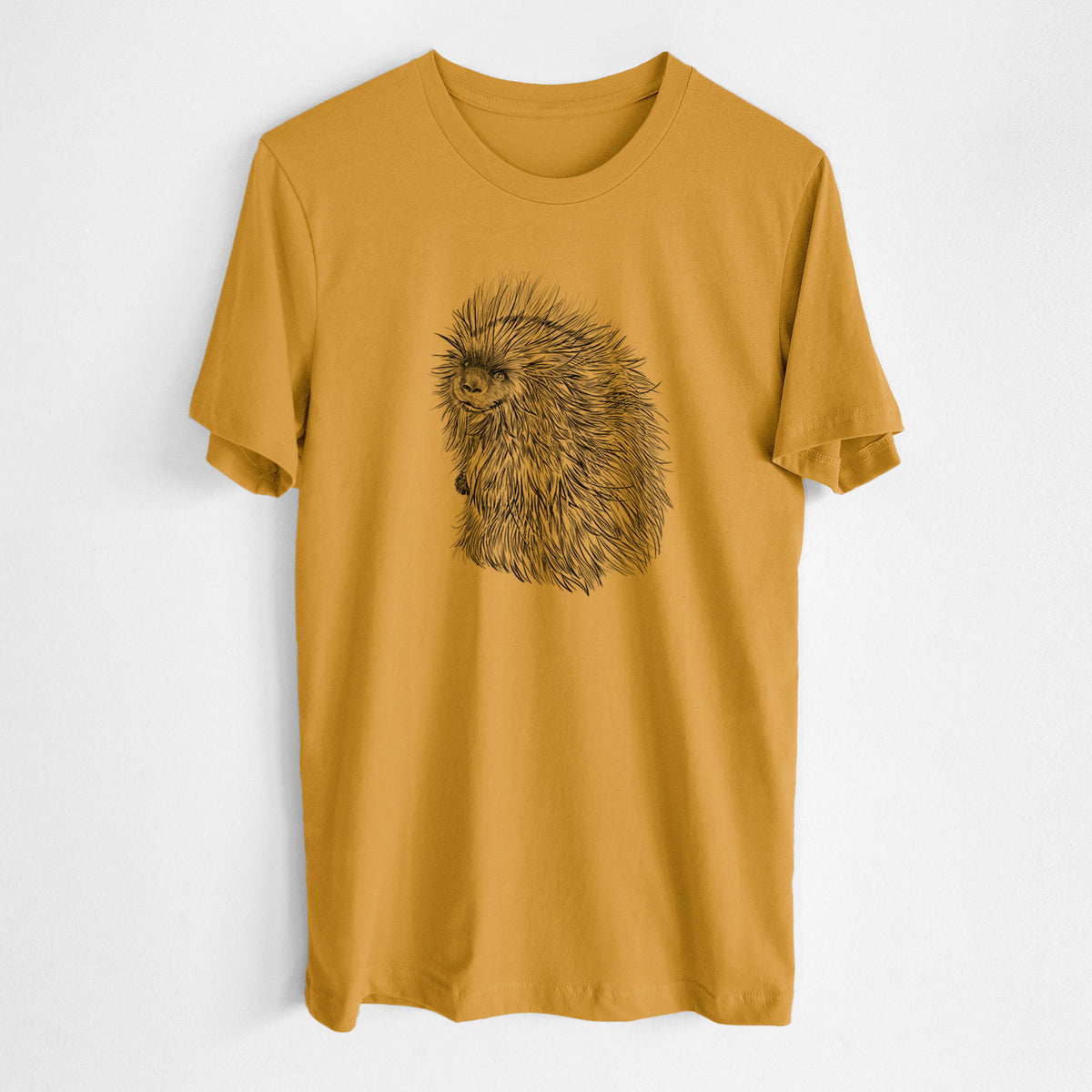 Honeycomb yellow lightweight cotton t-shirt laid flat, printed with a detailed black ink illustration of a porcupine with its quills raised.
