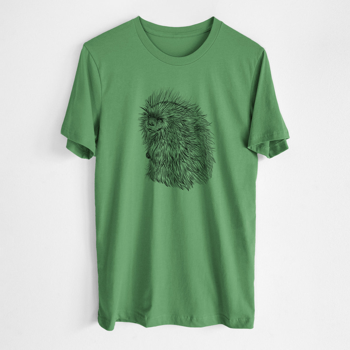 Leaf green lightweight cotton t-shirt laid flat, printed with a detailed black ink illustration of a porcupine with its quills raised.