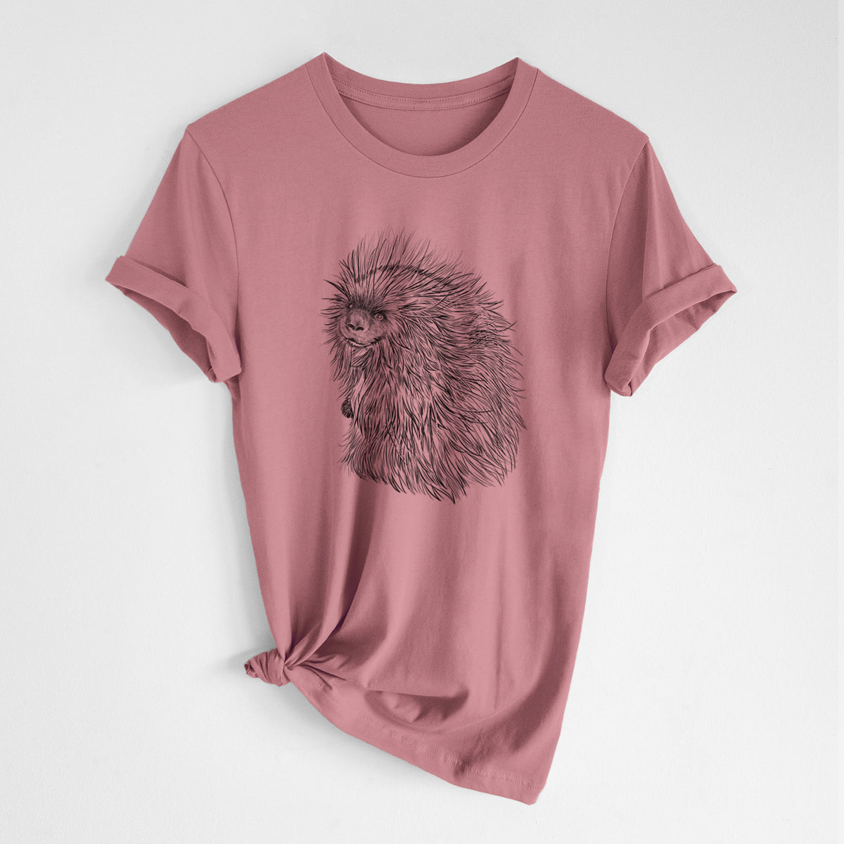 Mauve pink lightweight cotton t-shirt laid flat with the sleeves rolled, printed with a detailed black ink illustration of a porcupine with its quills raised.