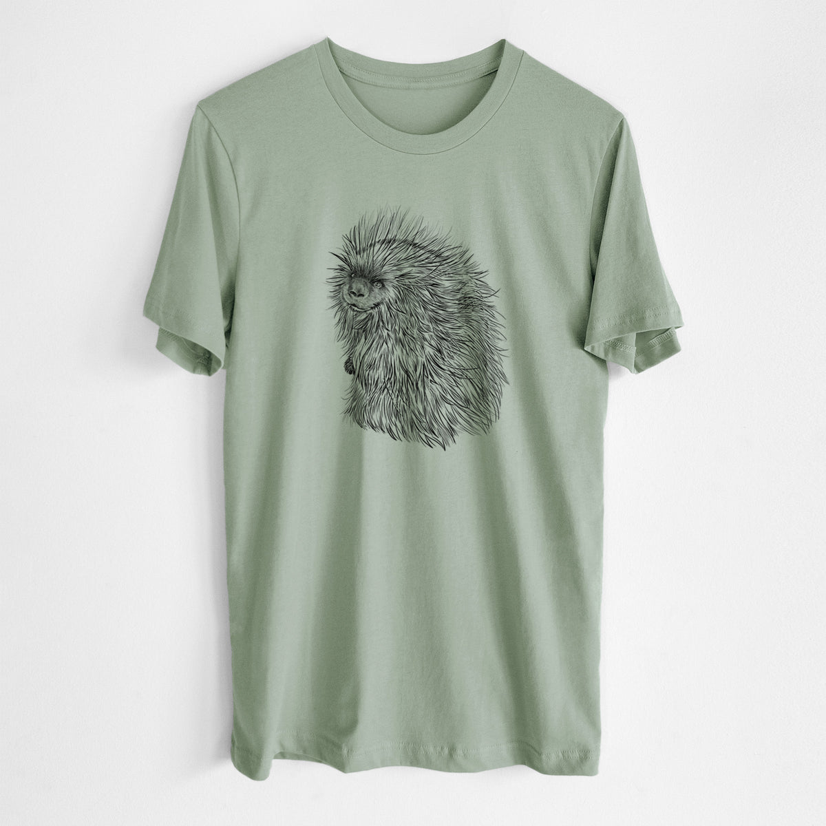 Sage green lightweight cotton t-shirt laid flat, printed with a detailed black ink illustration of a porcupine with its quills raised.