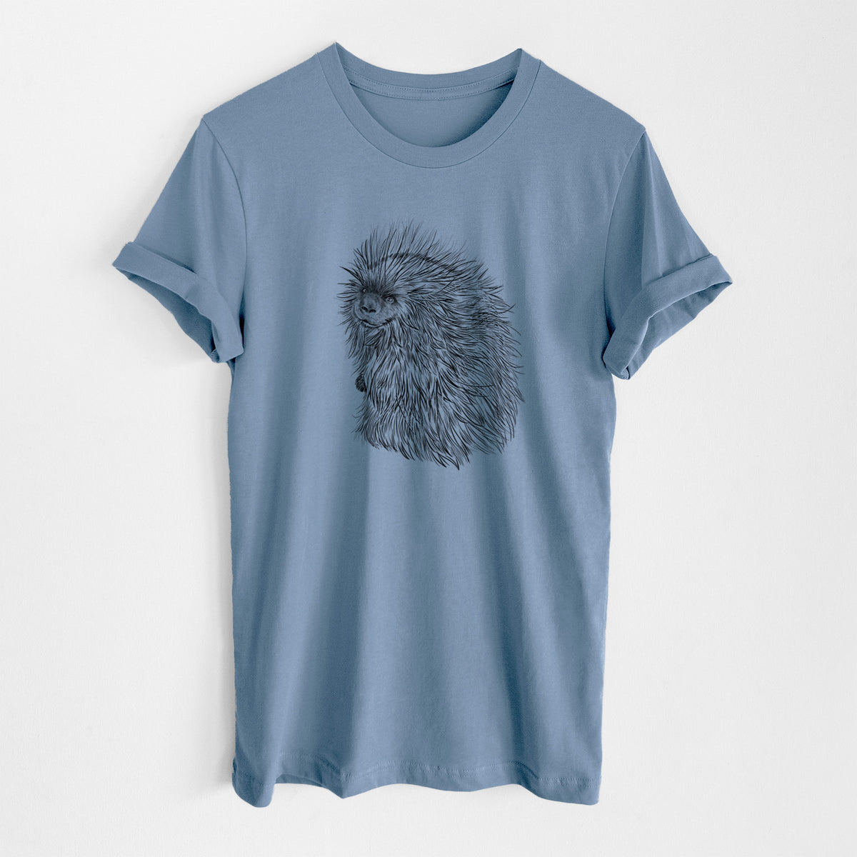 Steel blue lightweight cotton t-shirt laid flat, printed with a detailed black ink illustration of a porcupine with its quills raised.