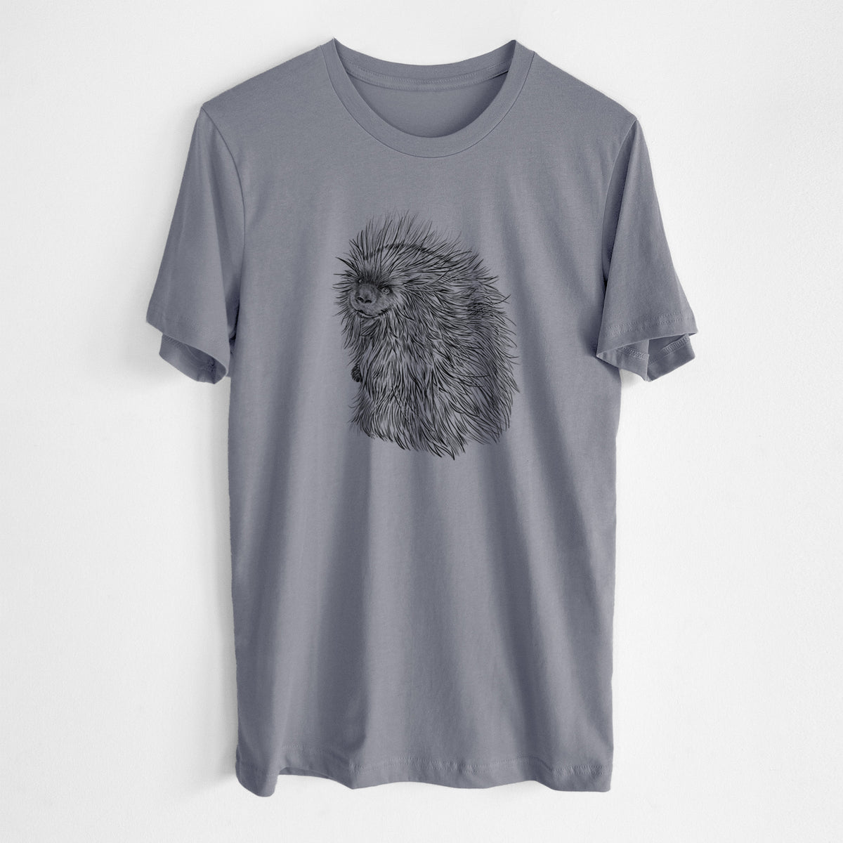 Storm grey lightweight cotton t-shirt laid flat, printed with a detailed black ink illustration of a porcupine with its quills raised.