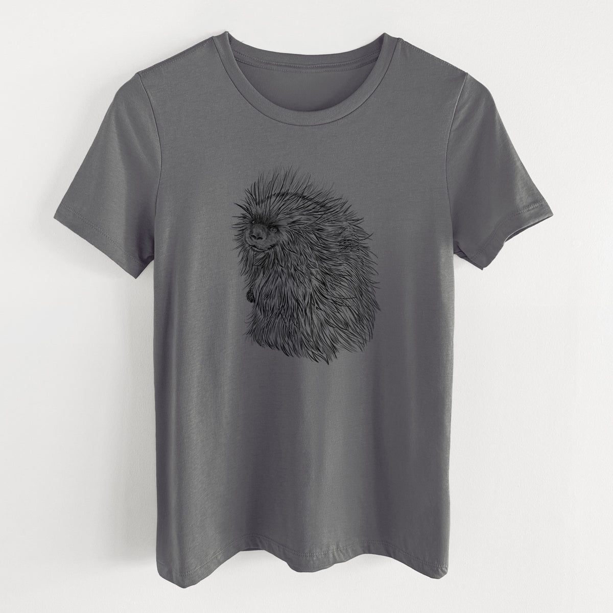 Asphalt women's relaxed fit cotton t-shirt laid flat, printed with a detailed black ink illustration of a porcupine with its quills raised.