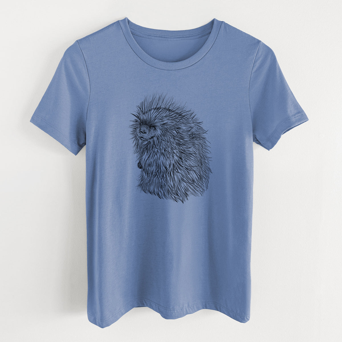 Blue bell women's relaxed fit cotton t-shirt laid flat, printed with a detailed black ink illustration of a porcupine with its quills raised.