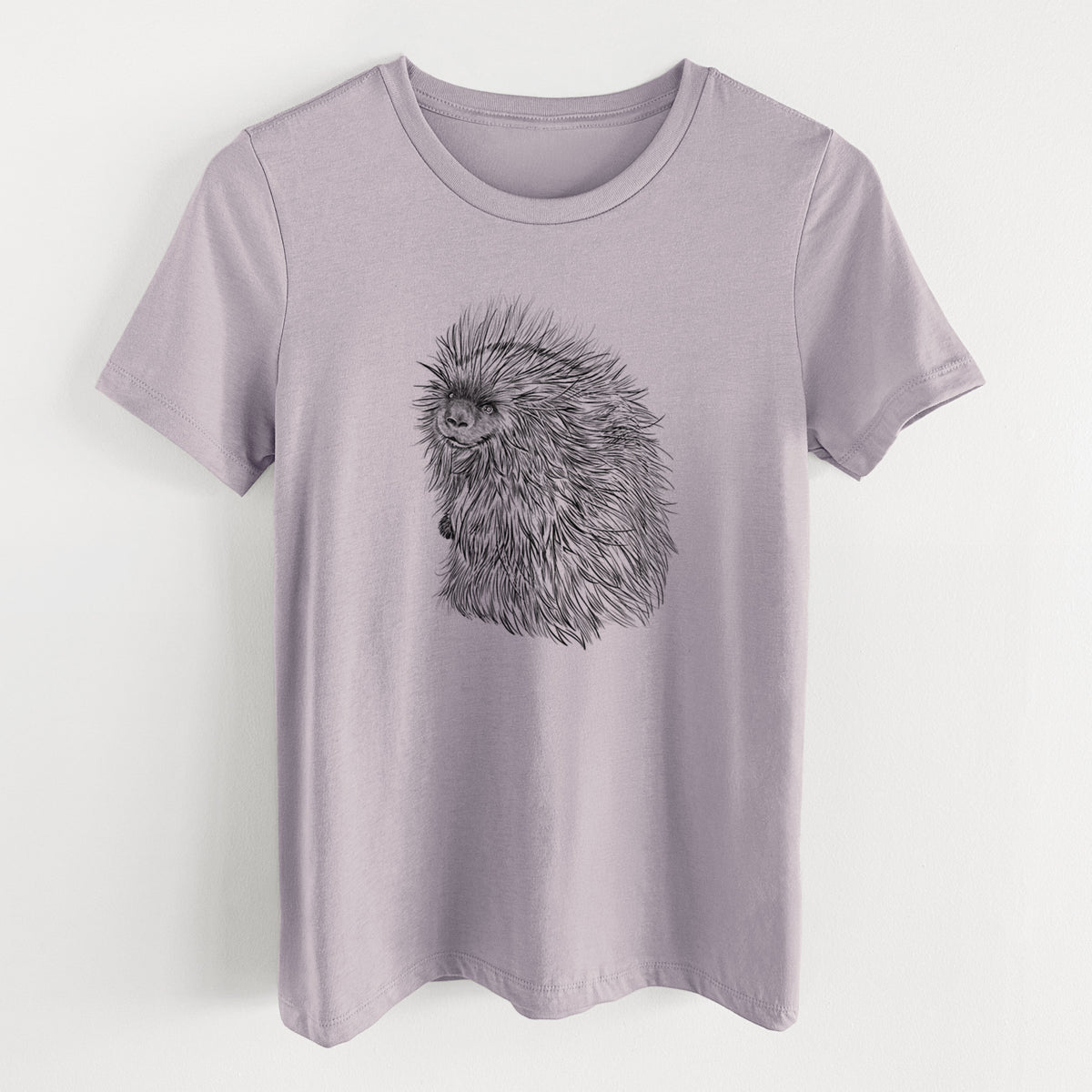 Light violet women's relaxed fit cotton t-shirt laid flat, printed with a detailed black ink illustration of a porcupine with its quills raised.