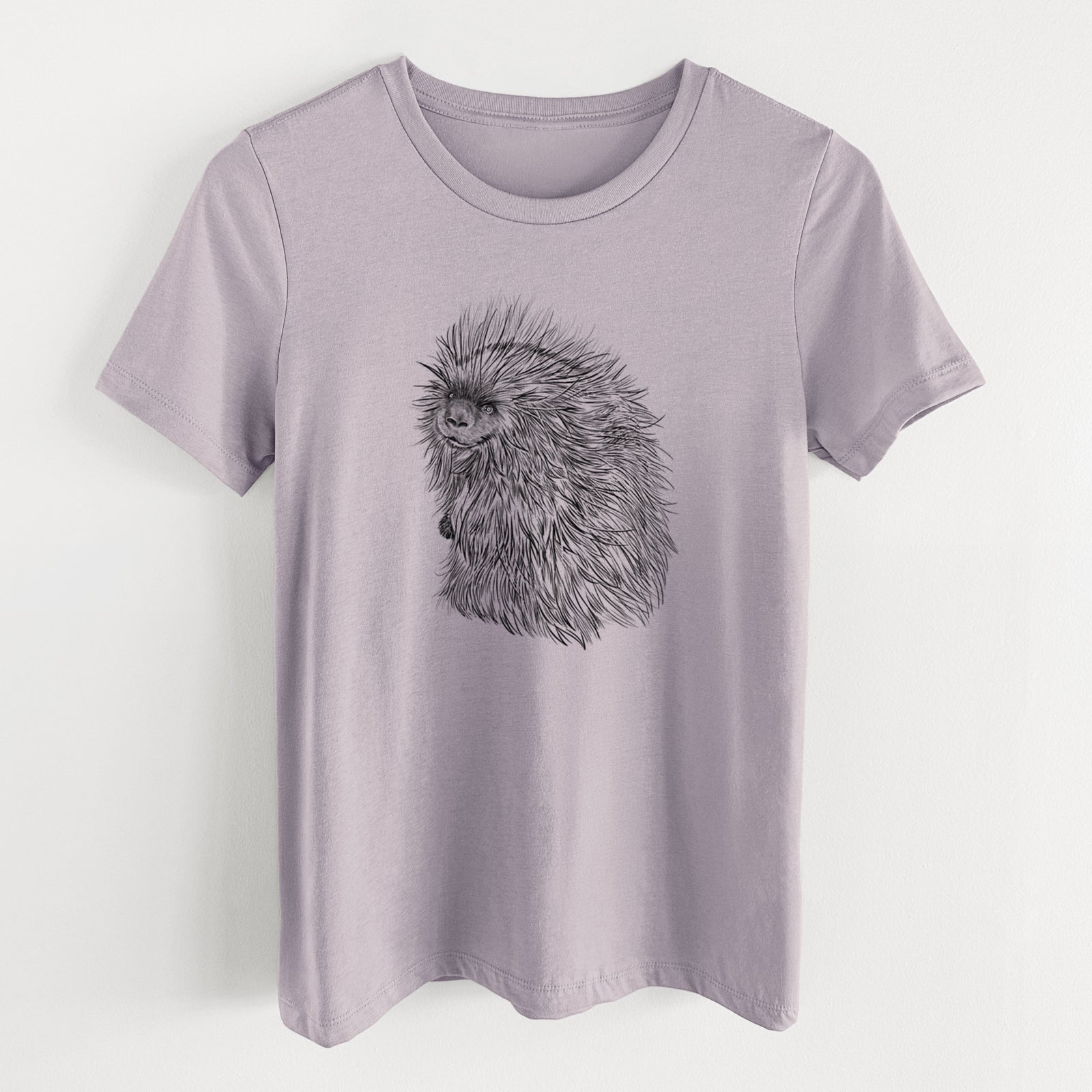 Light violet women's relaxed fit cotton t-shirt laid flat, printed with a detailed black ink illustration of a porcupine with its quills raised.