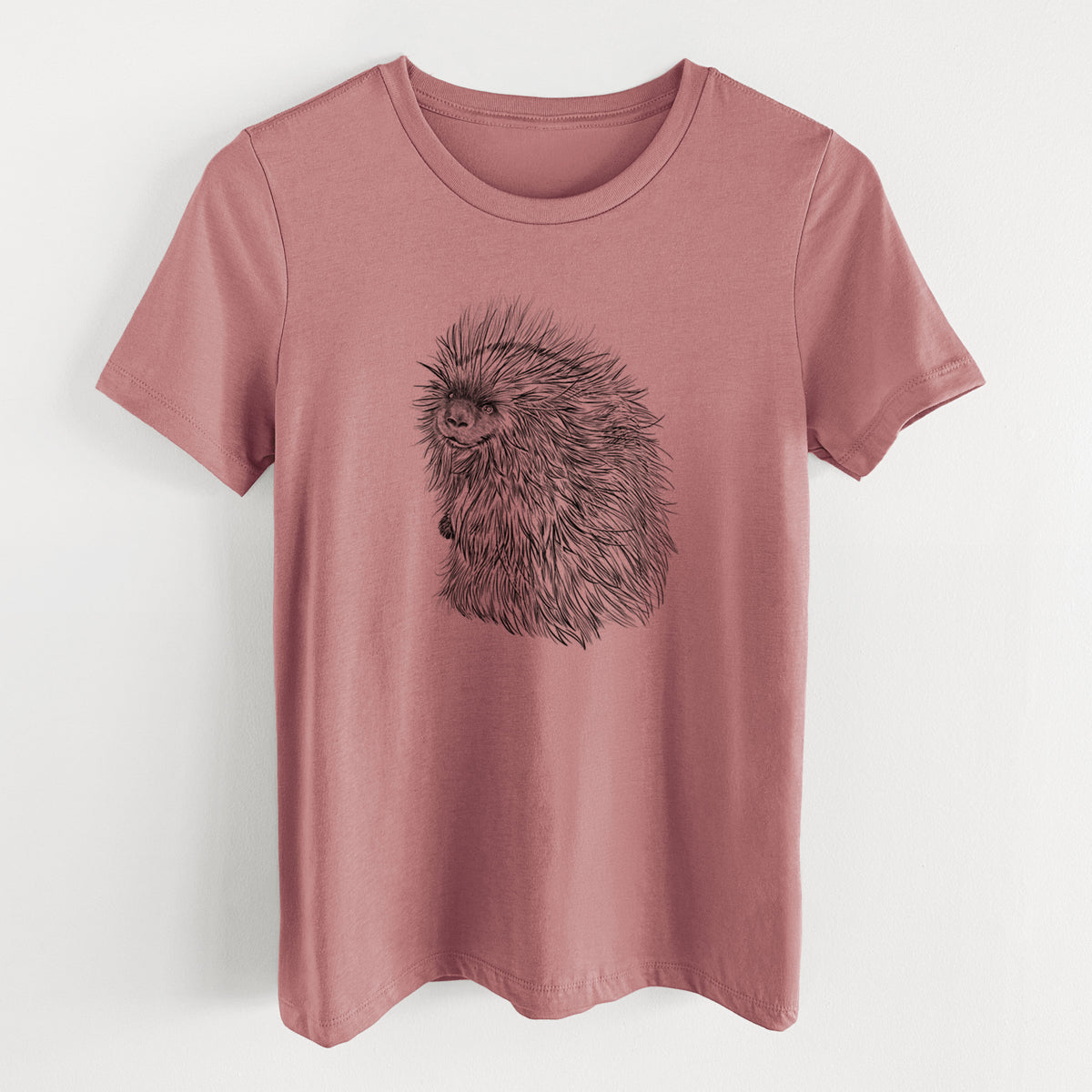 Mauve pink women's relaxed fit cotton t-shirt laid flat, printed with a detailed black ink illustration of a porcupine with its quills raised.
