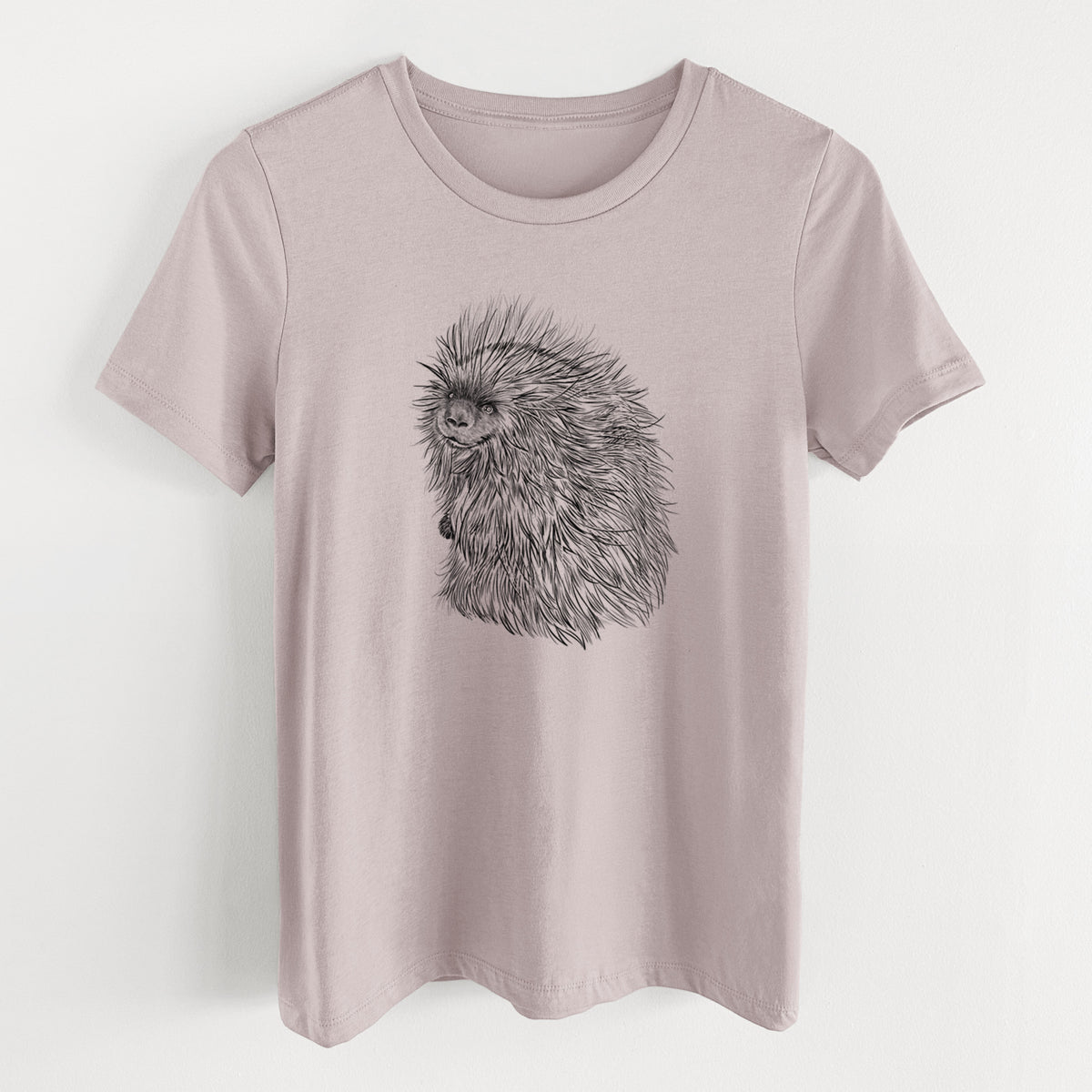 Pink gravel women's relaxed fit cotton t-shirt laid flat, printed with a detailed black ink illustration of a porcupine with its quills raised.